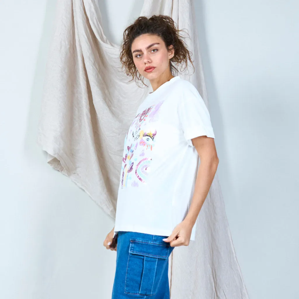 100% Cotton white t-shirt with rainbow print wholesale