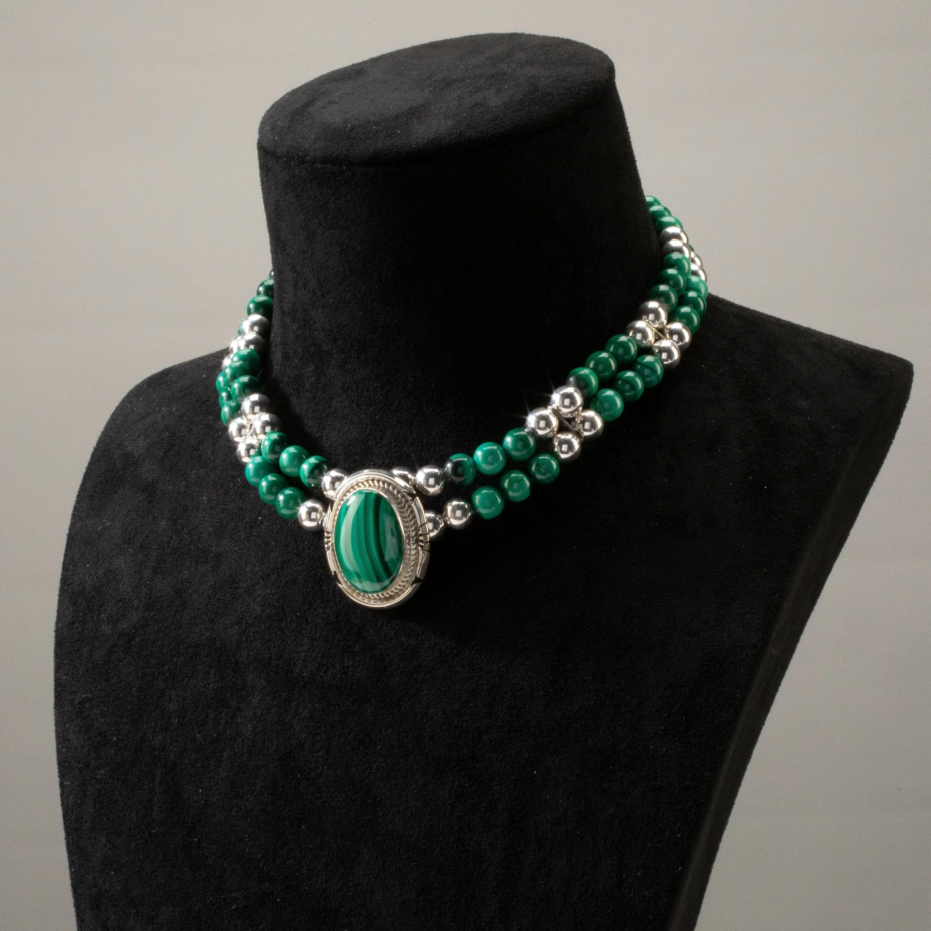 Handmade Navajo Malachite Cabochon Necklace with 925 Sterling Silver - Made in USA by Jon McCray - Native American Jewelry