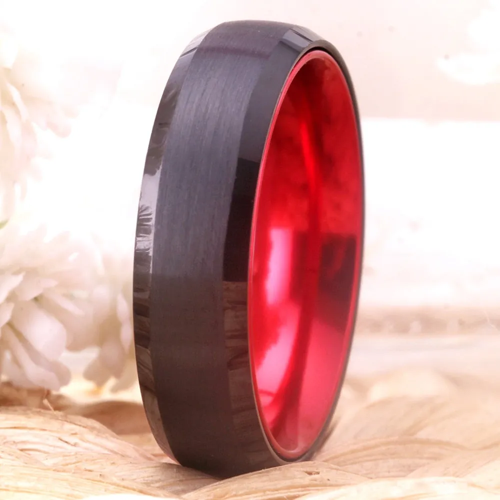 6mm Brushed Matte Black and Red-Plated Tungsten Wedding Ring