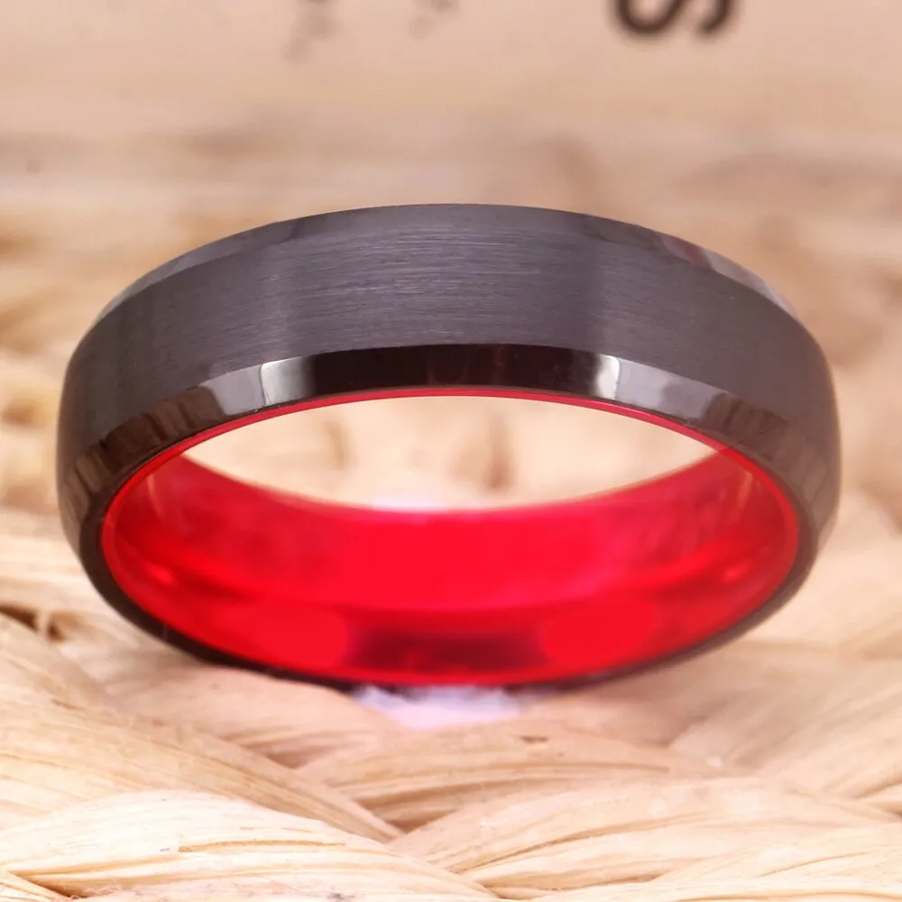 6mm Brushed Matte Black and Red-Plated Tungsten Wedding Ring