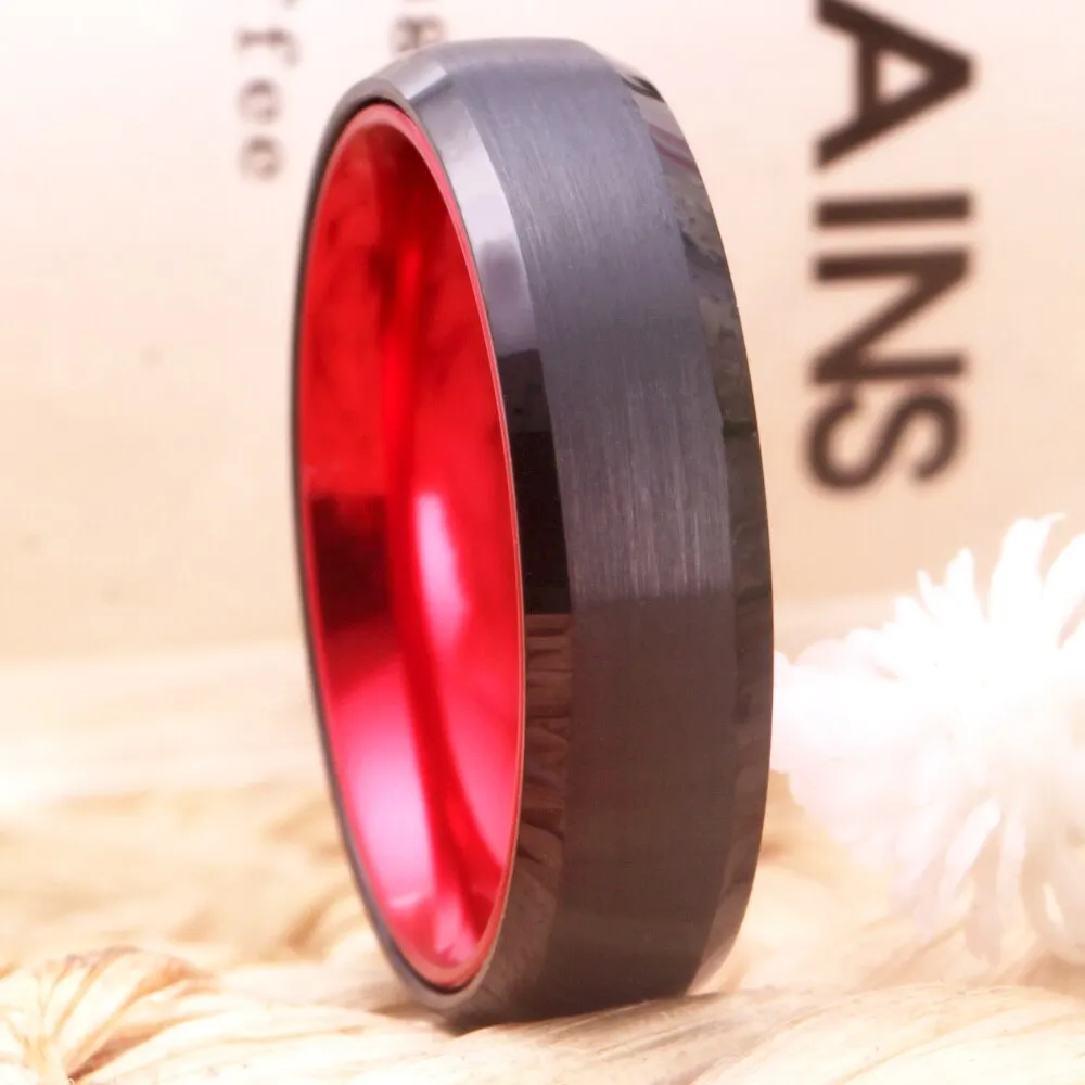 6mm Brushed Matte Black and Red-Plated Tungsten Wedding Ring