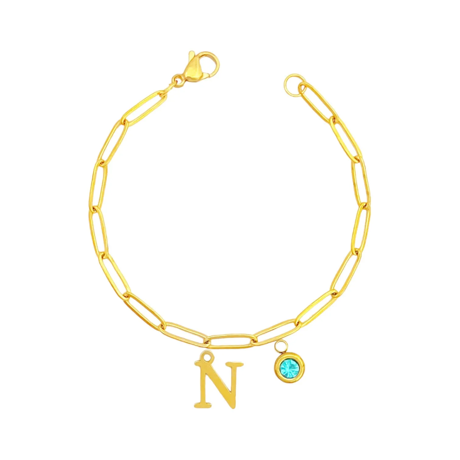 Alphabet Birthstone Paperclip Bracelet Gold (H-N)