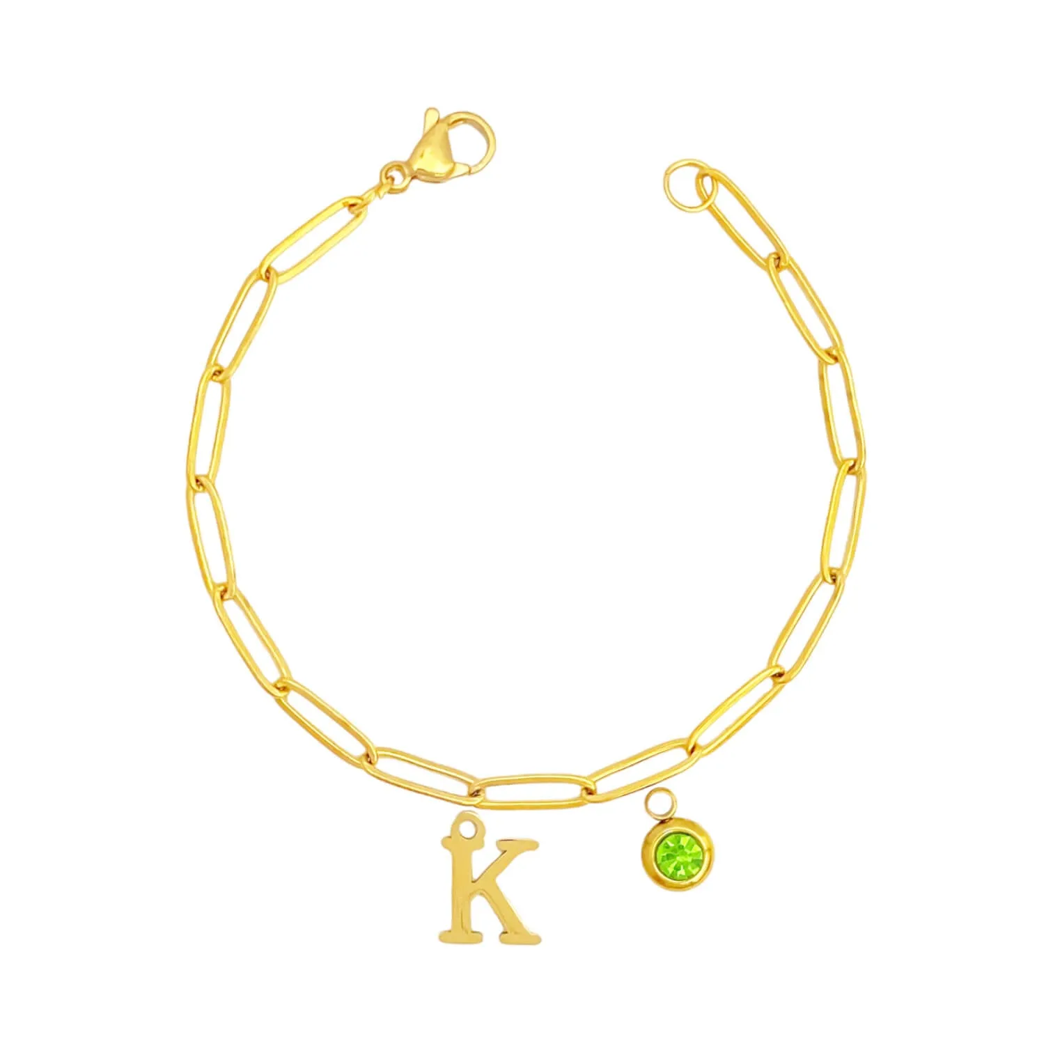 Alphabet Birthstone Paperclip Bracelet Gold (H-N)