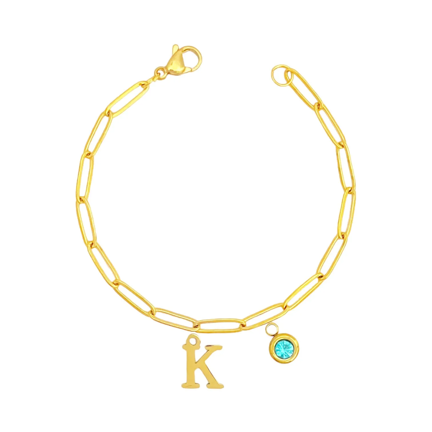 Alphabet Birthstone Paperclip Bracelet Gold (H-N)