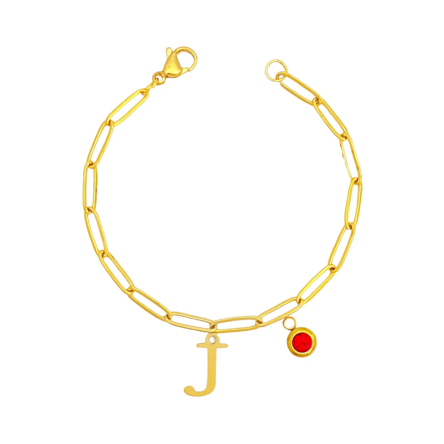 Alphabet Birthstone Paperclip Bracelet Gold (H-N)