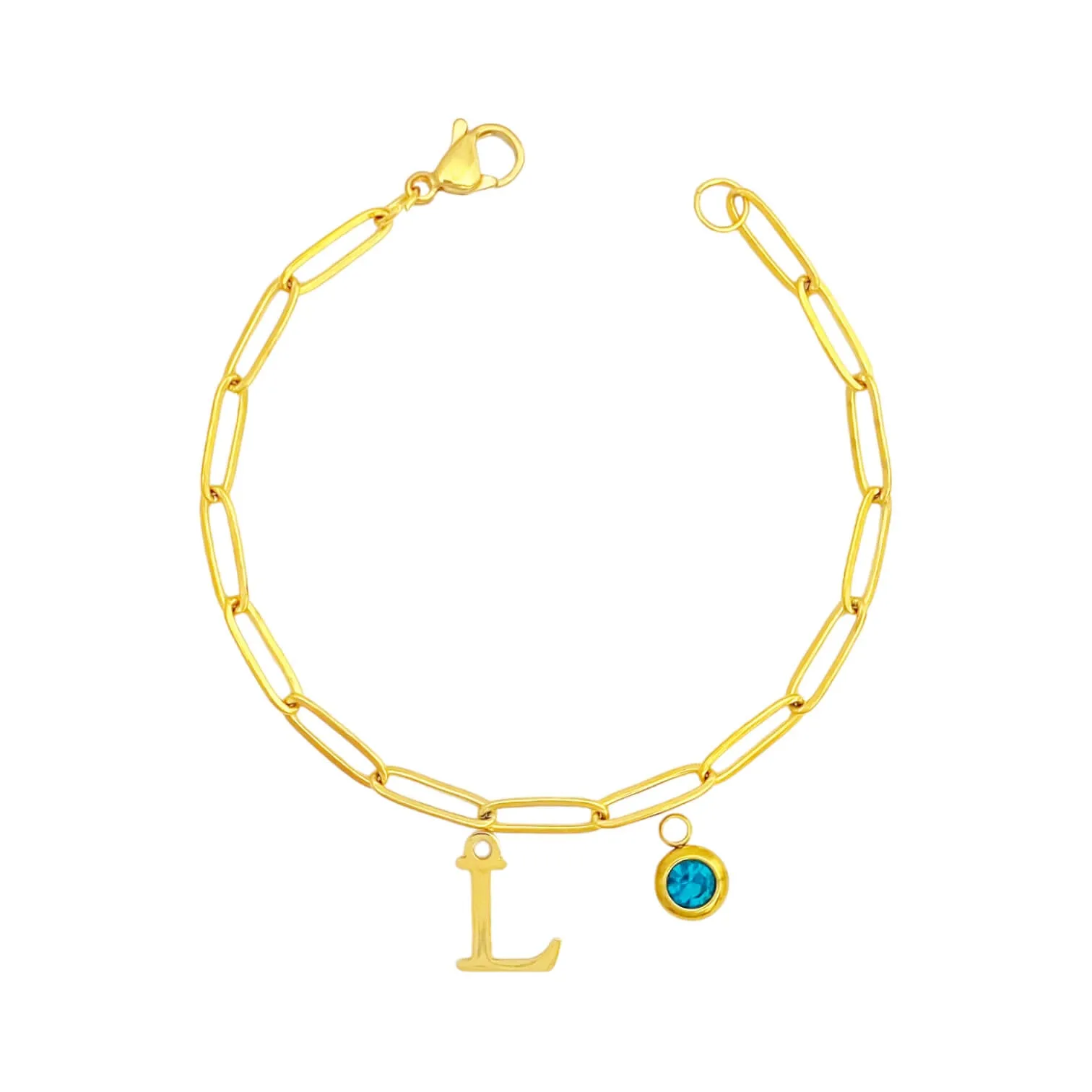 Alphabet Birthstone Paperclip Bracelet Gold (H-N)