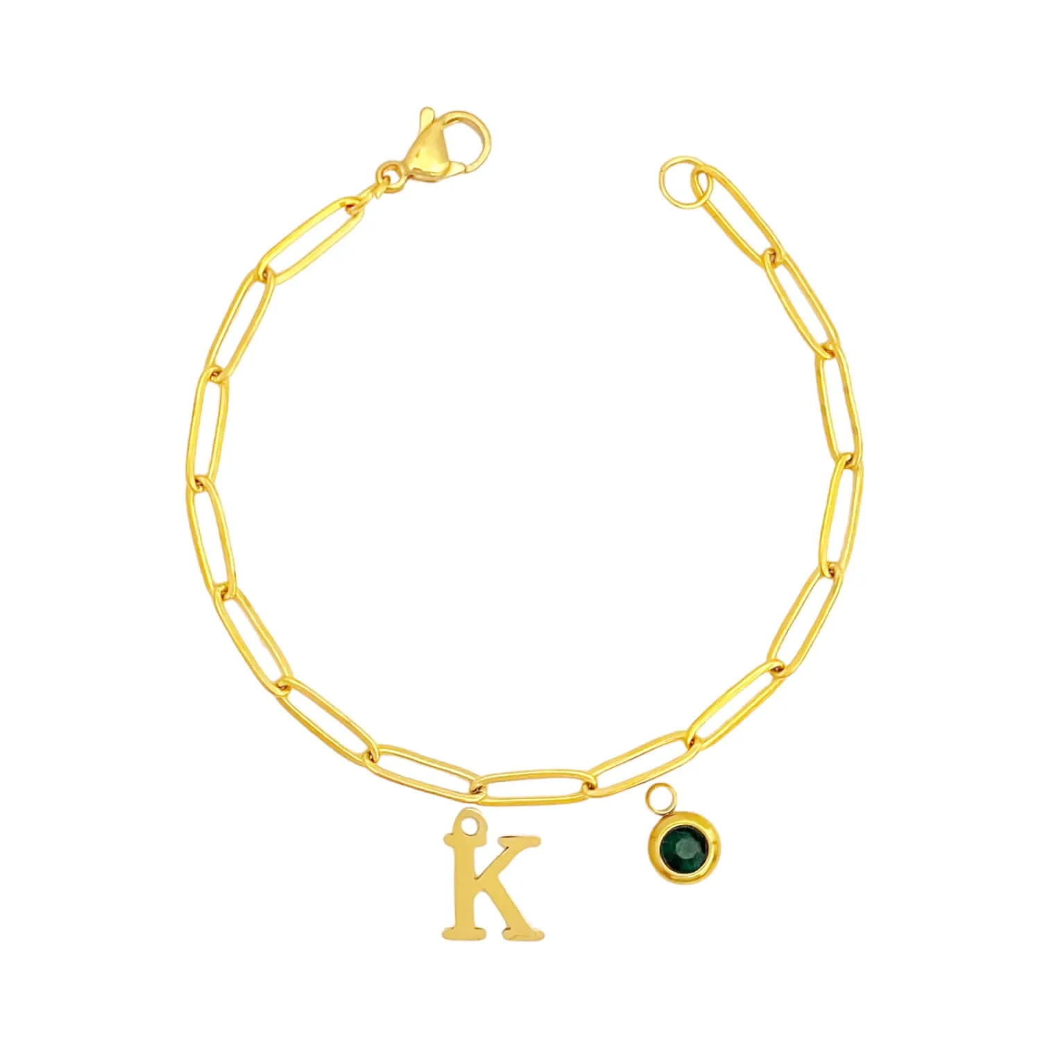 Alphabet Birthstone Paperclip Bracelet Gold (H-N)