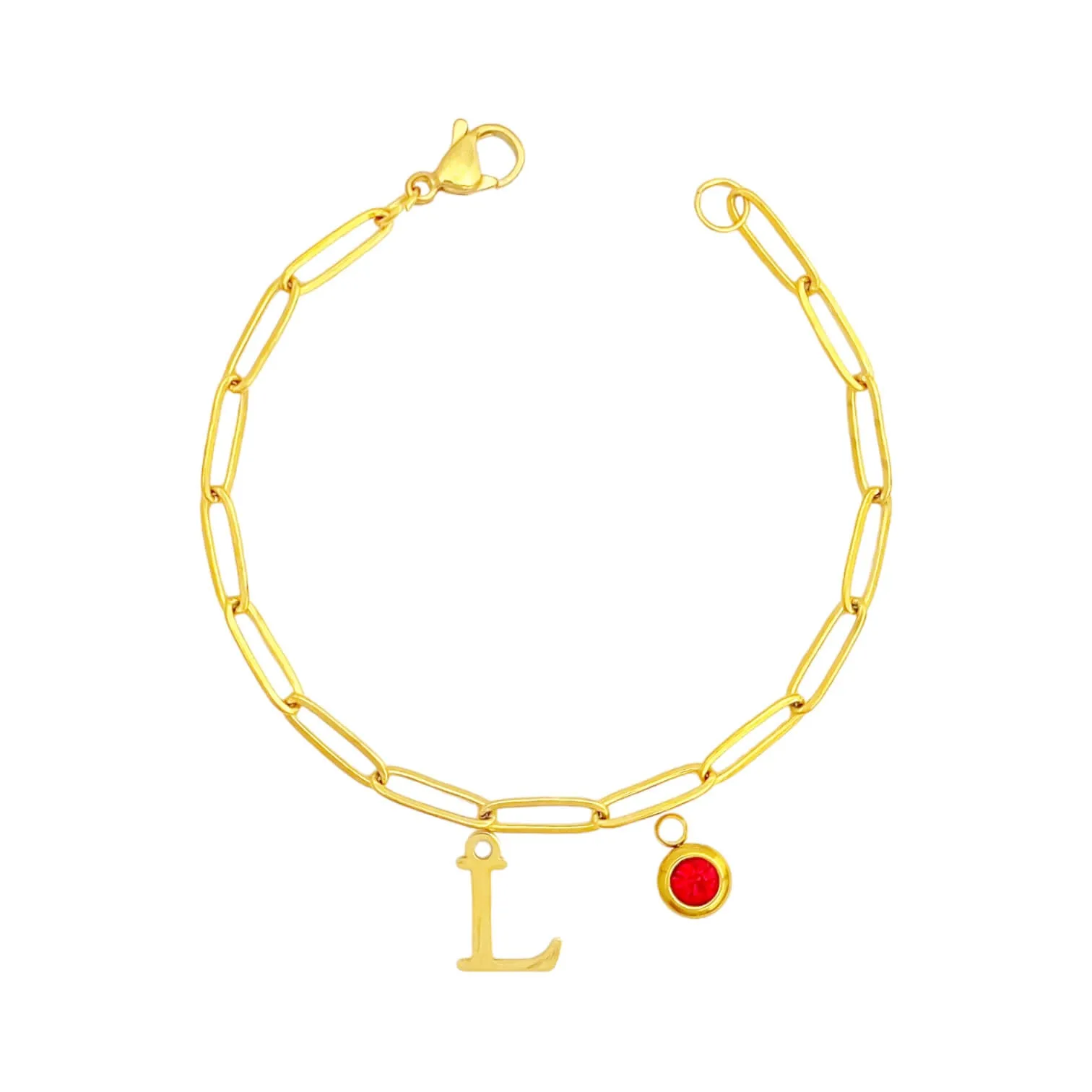 Alphabet Birthstone Paperclip Bracelet Gold (H-N)