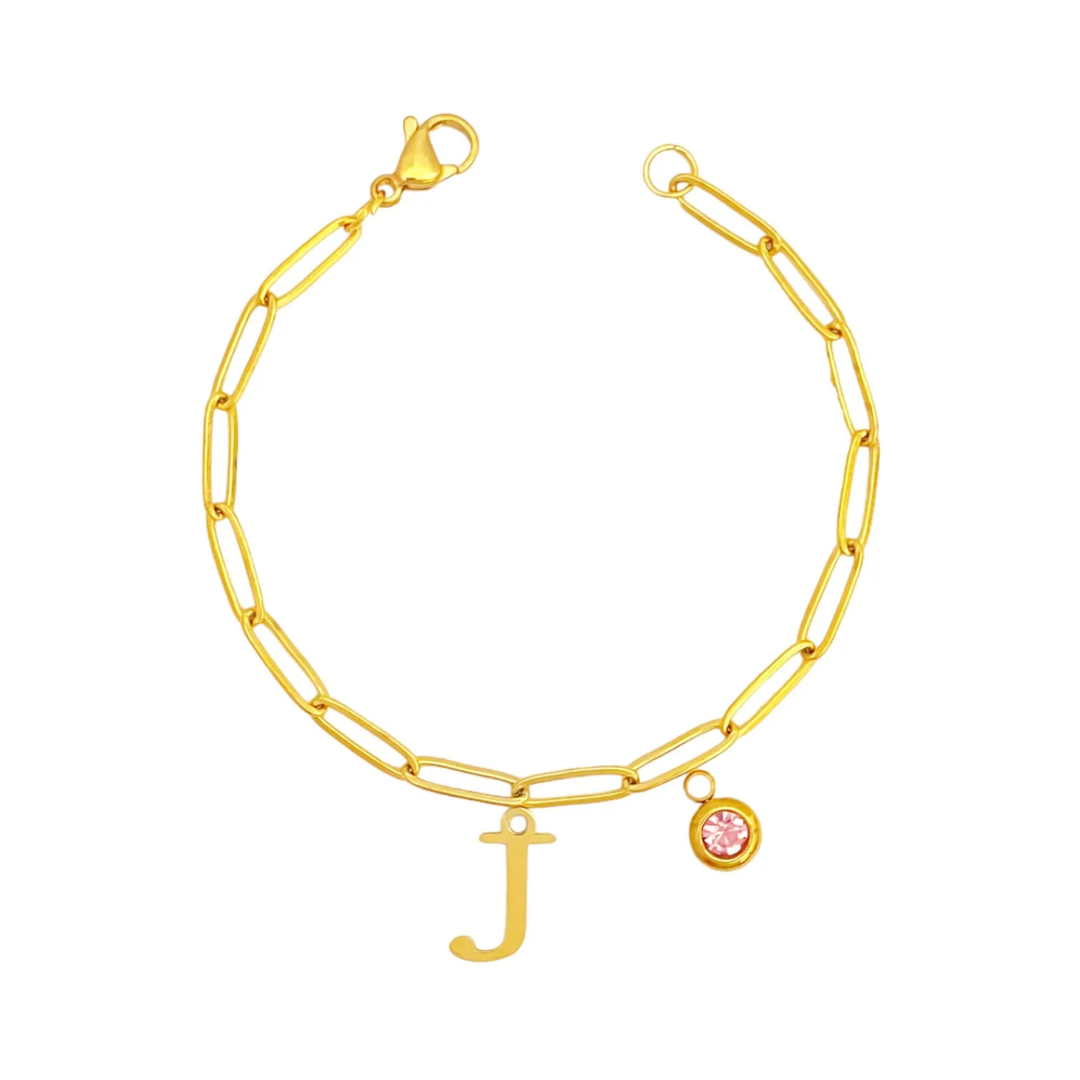 Alphabet Birthstone Paperclip Bracelet Gold (H-N)