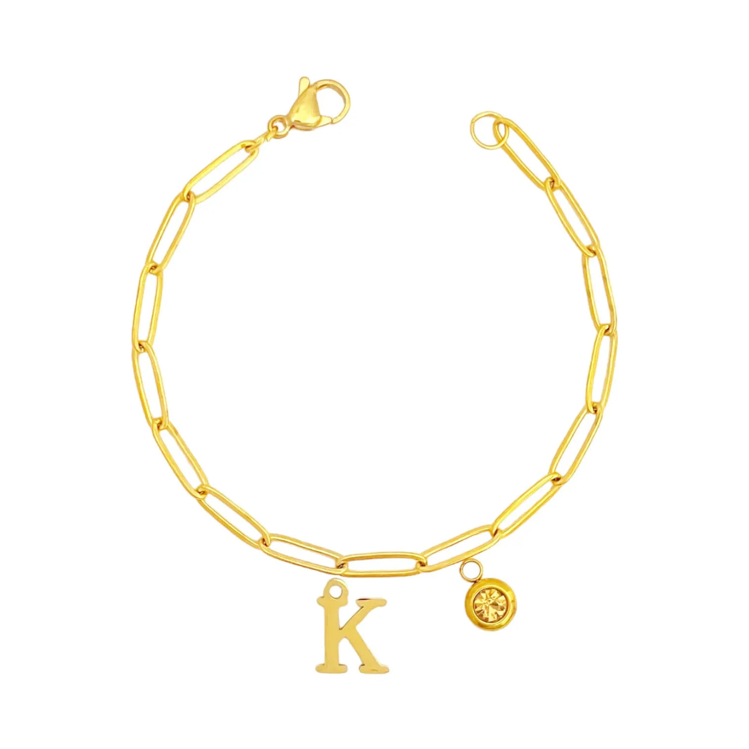 Alphabet Birthstone Paperclip Bracelet Gold (H-N)