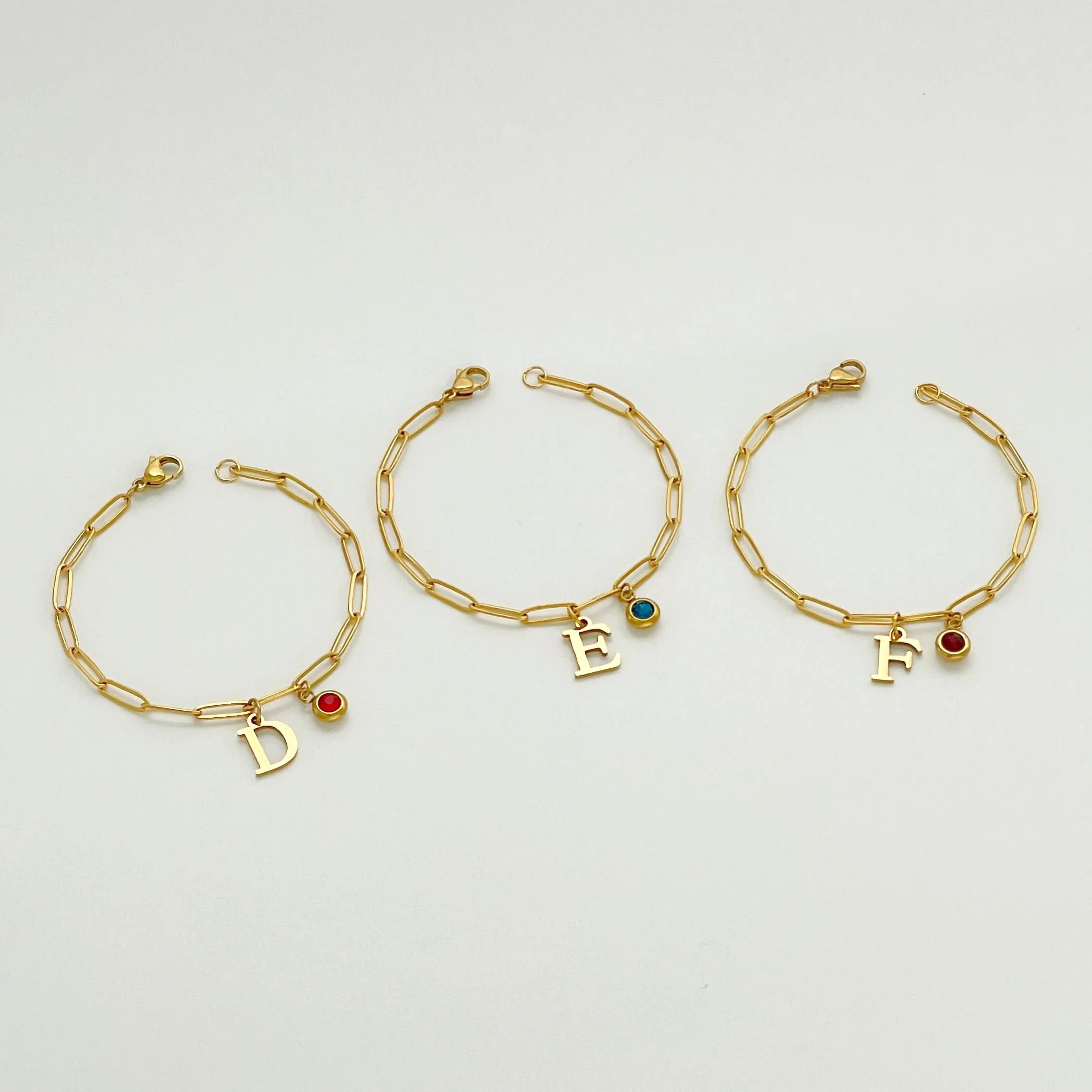 Alphabet Birthstone Paperclip Bracelet Gold (H-N)