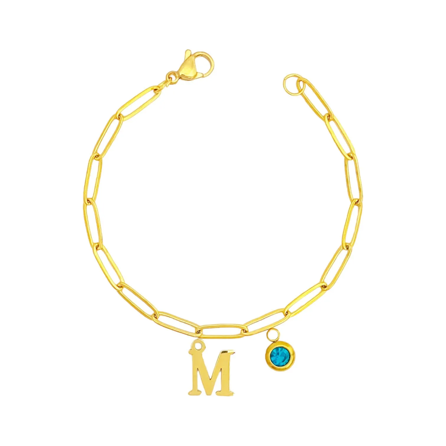 Alphabet Birthstone Paperclip Bracelet Gold (H-N)