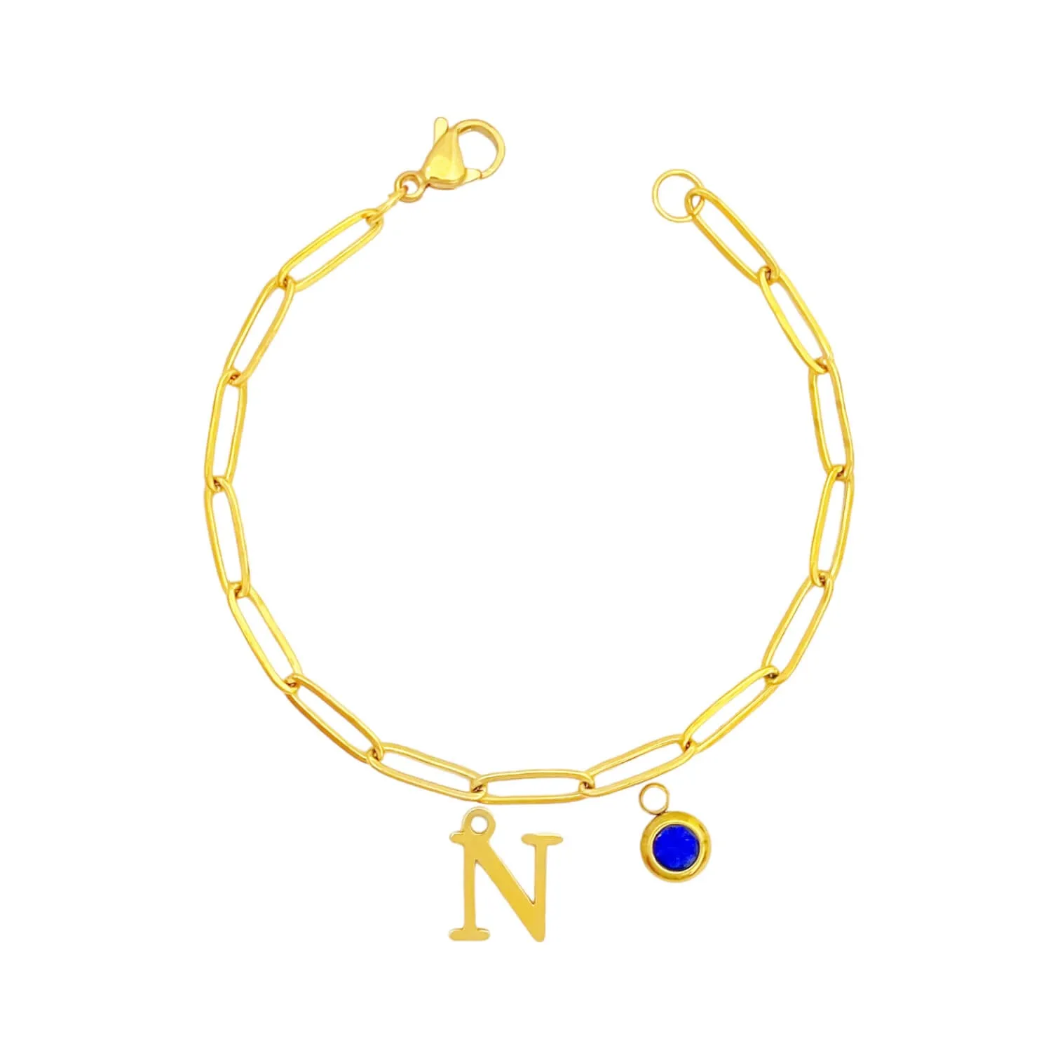 Alphabet Birthstone Paperclip Bracelet Gold (H-N)