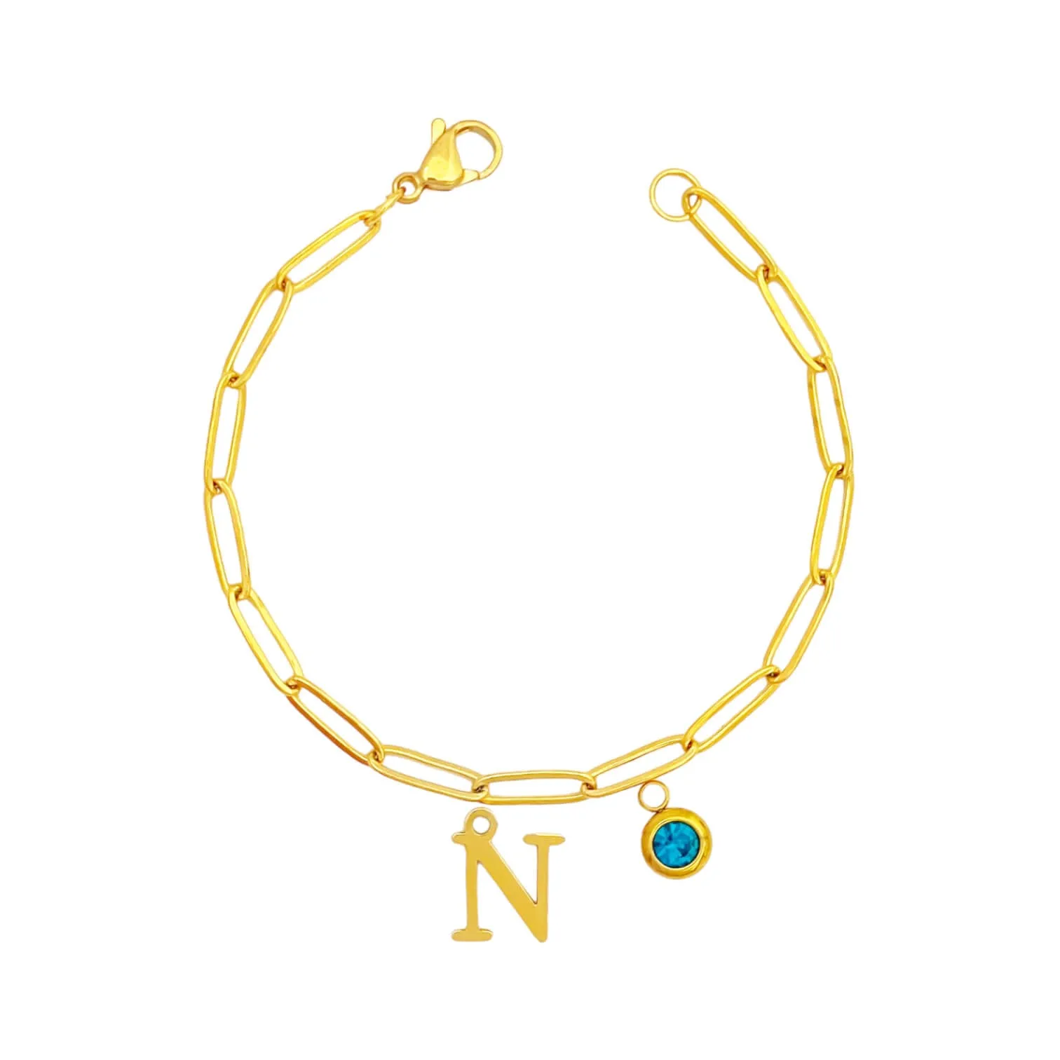 Alphabet Birthstone Paperclip Bracelet Gold (H-N)