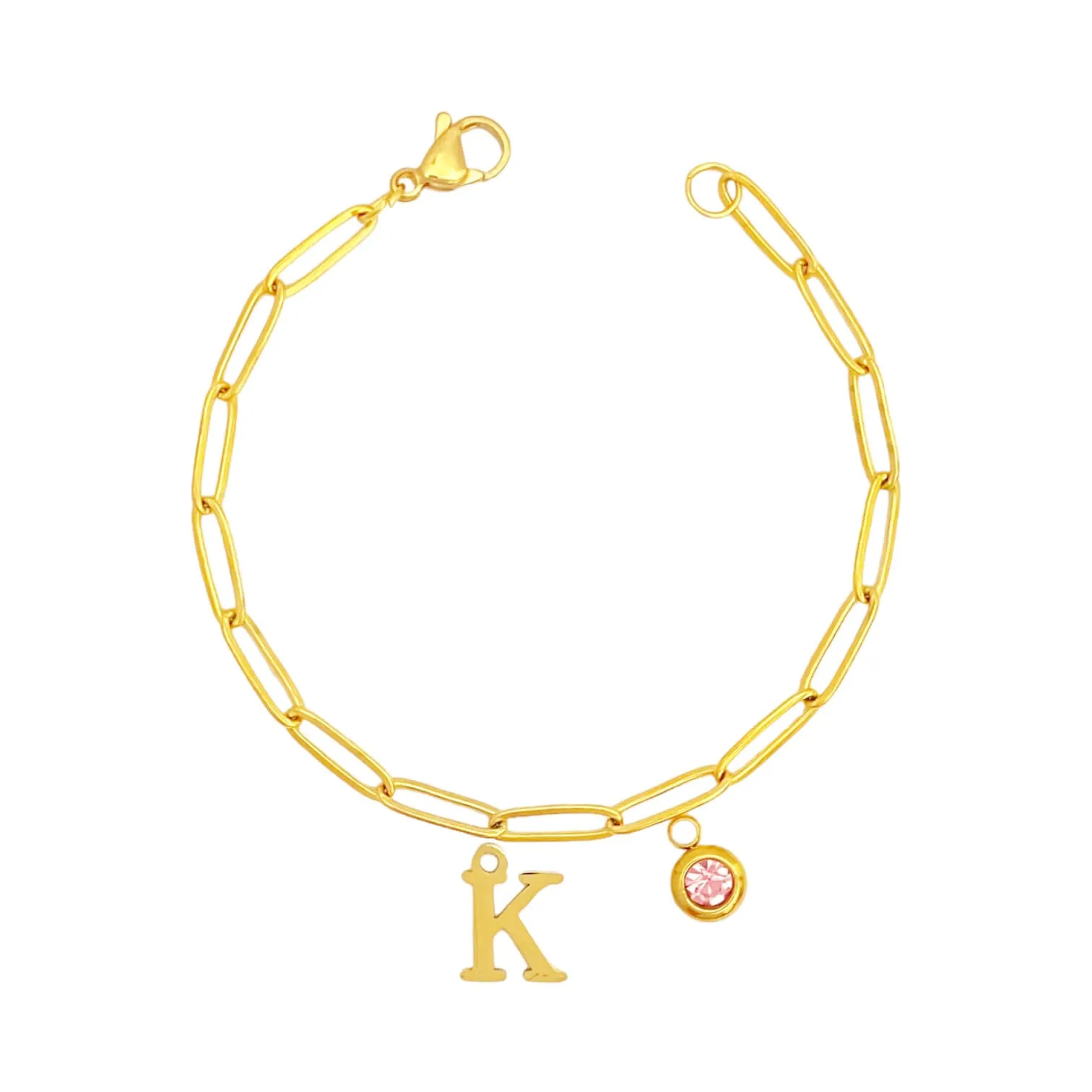 Alphabet Birthstone Paperclip Bracelet Gold (H-N)