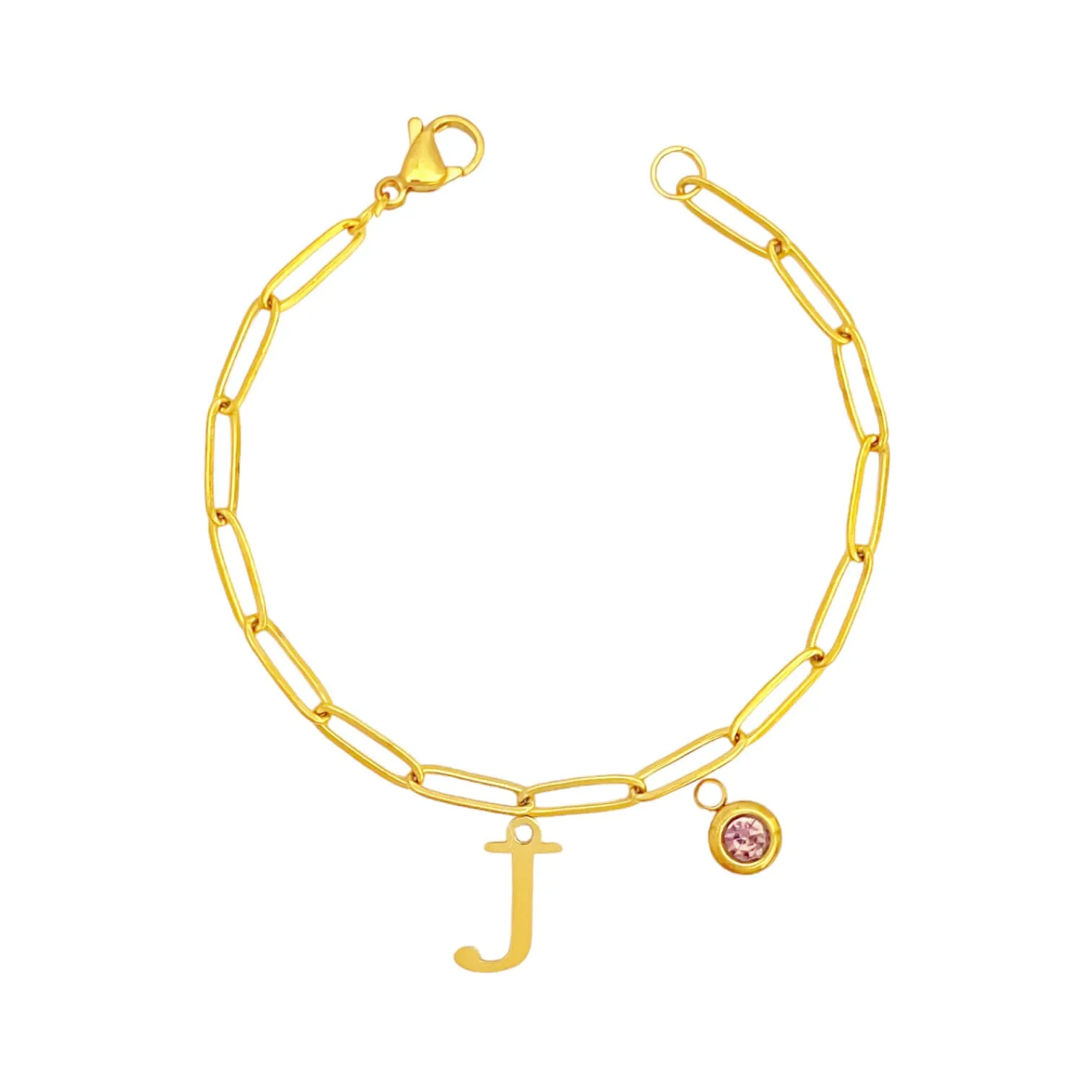 Alphabet Birthstone Paperclip Bracelet Gold (H-N)