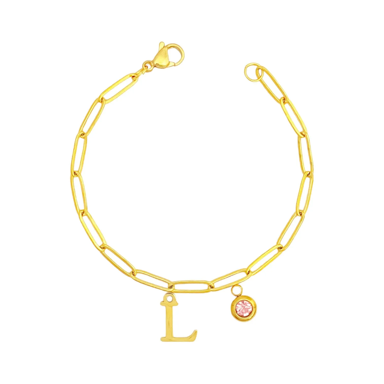 Alphabet Birthstone Paperclip Bracelet Gold (H-N)