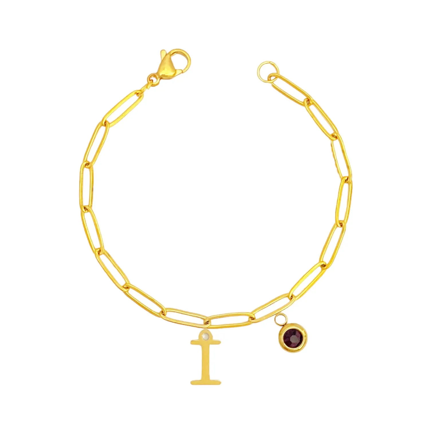 Alphabet Birthstone Paperclip Bracelet Gold (H-N)