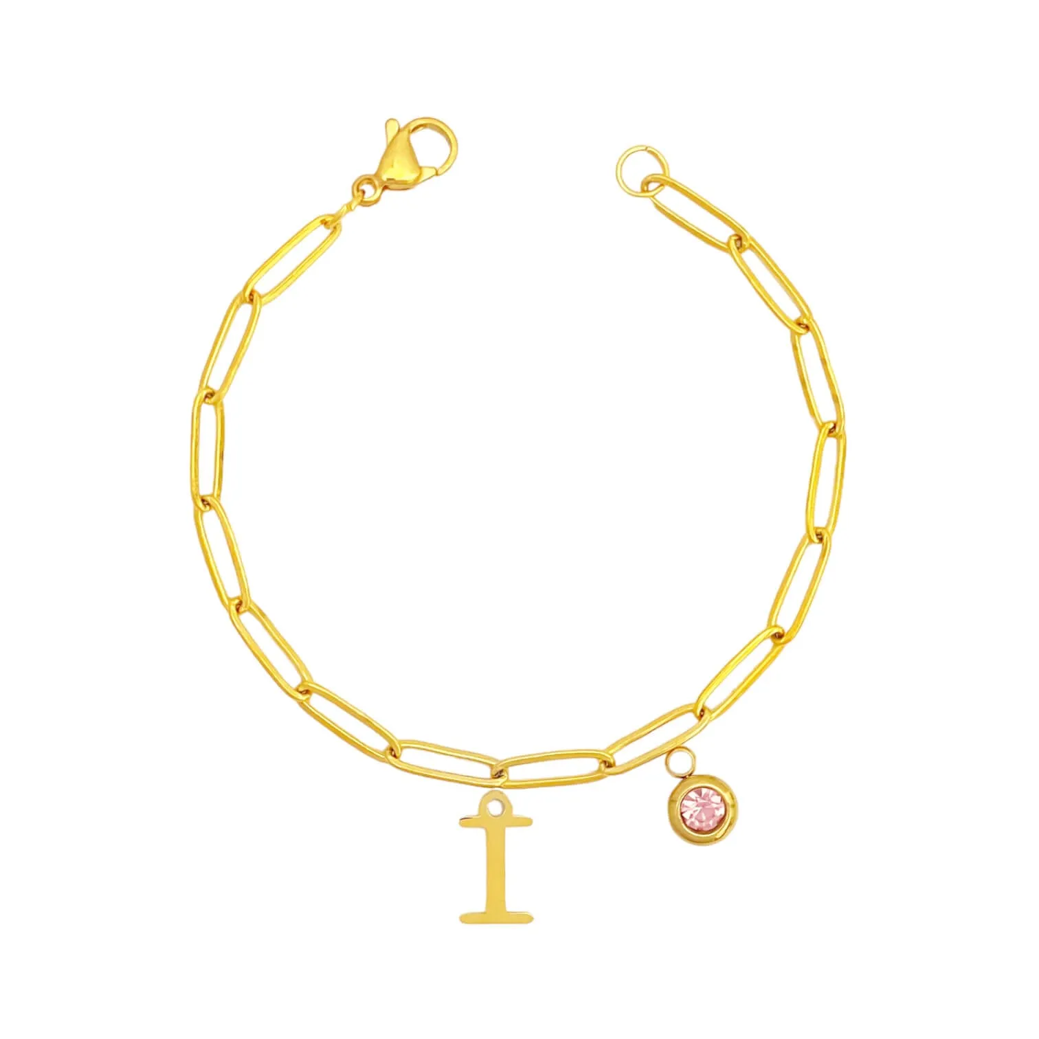 Alphabet Birthstone Paperclip Bracelet Gold (H-N)