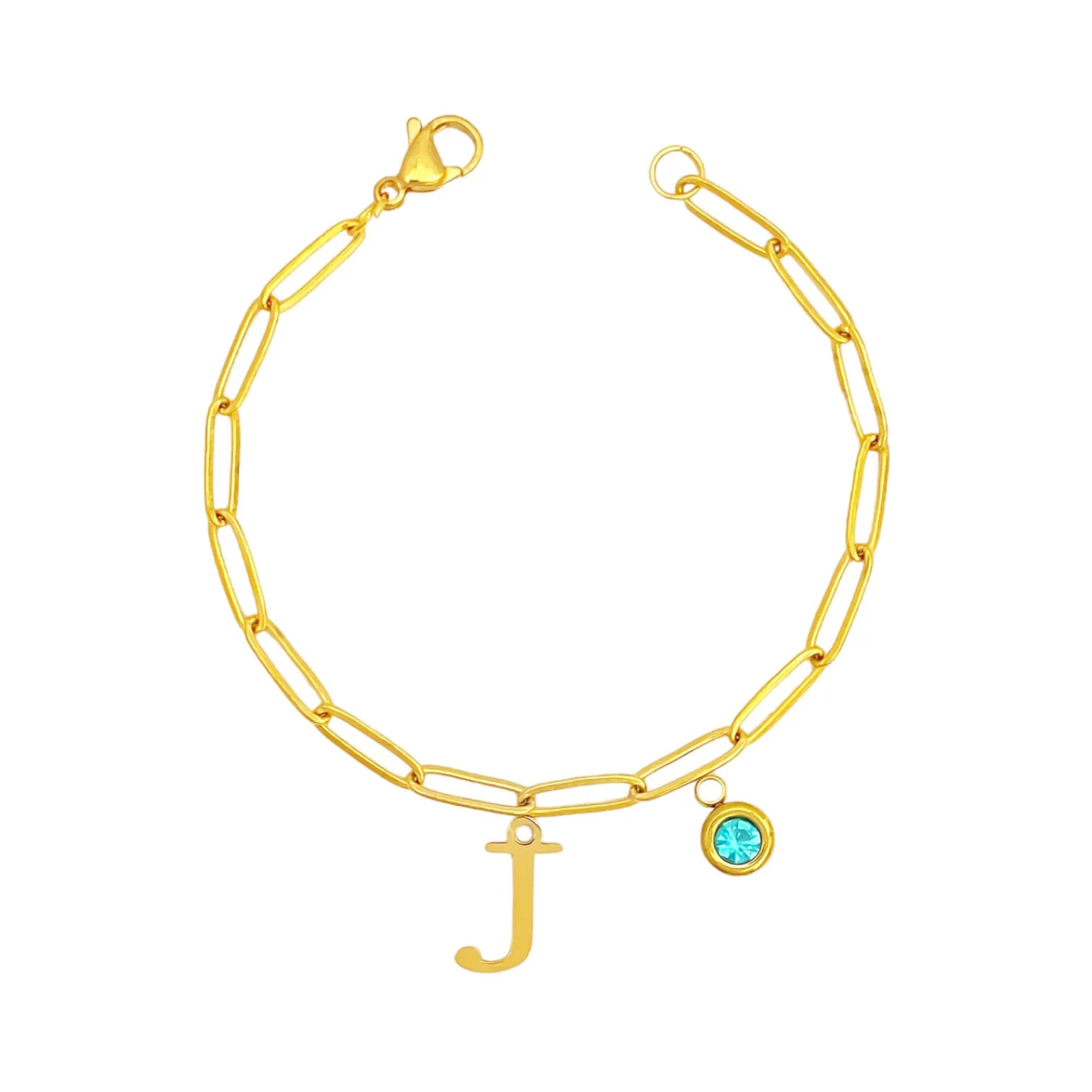 Alphabet Birthstone Paperclip Bracelet Gold (H-N)