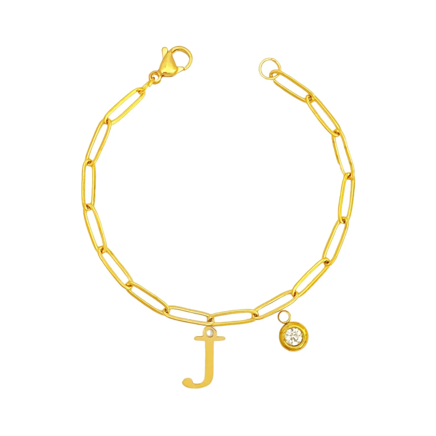 Alphabet Birthstone Paperclip Bracelet Gold (H-N)