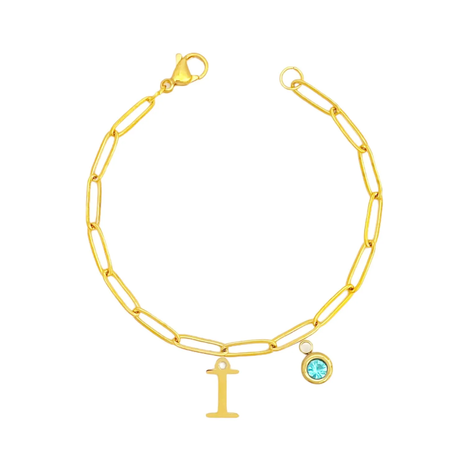 Alphabet Birthstone Paperclip Bracelet Gold (H-N)