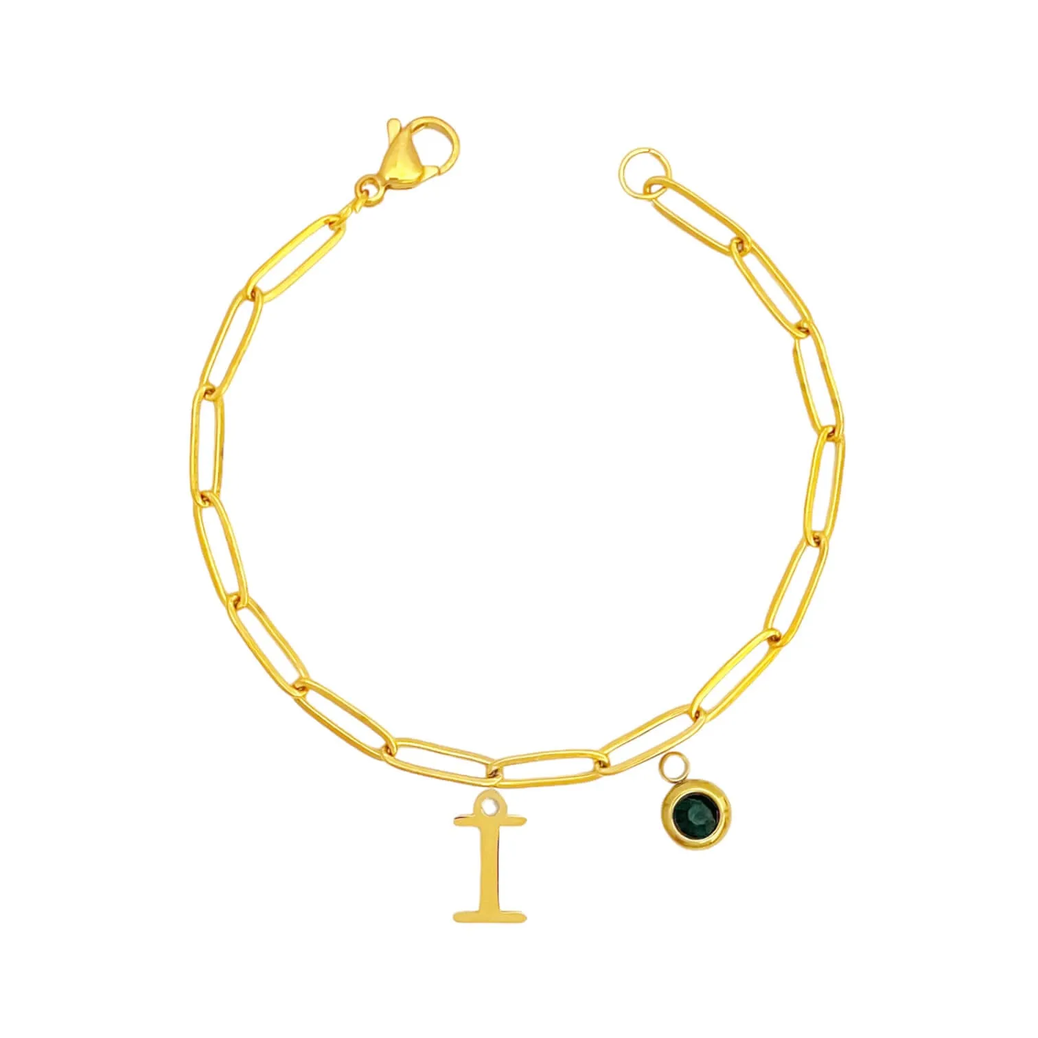 Alphabet Birthstone Paperclip Bracelet Gold (H-N)