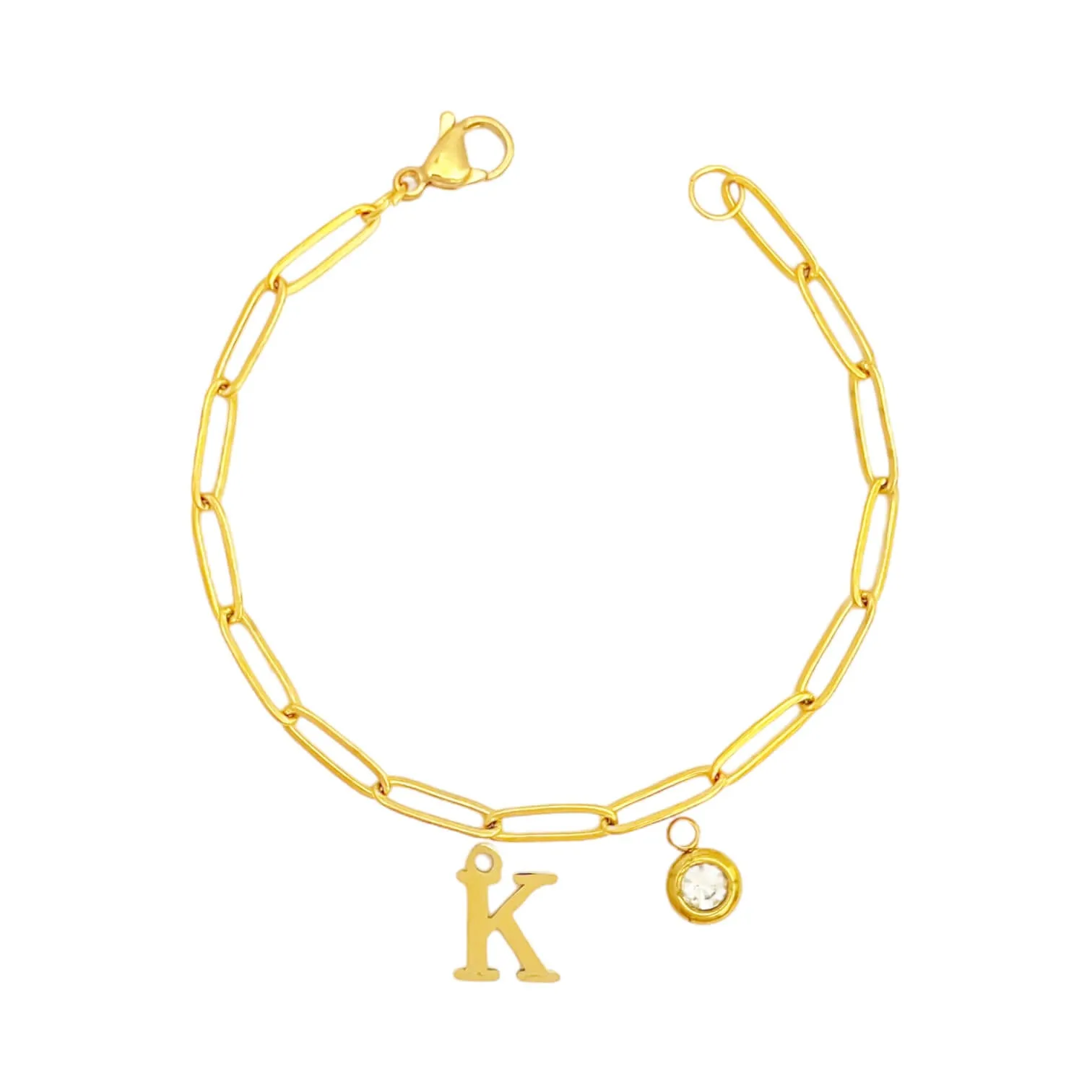 Alphabet Birthstone Paperclip Bracelet Gold (H-N)