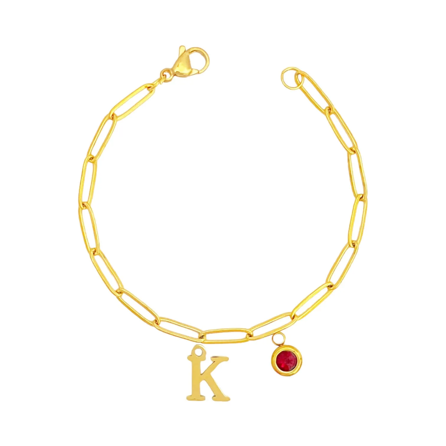 Alphabet Birthstone Paperclip Bracelet Gold (H-N)