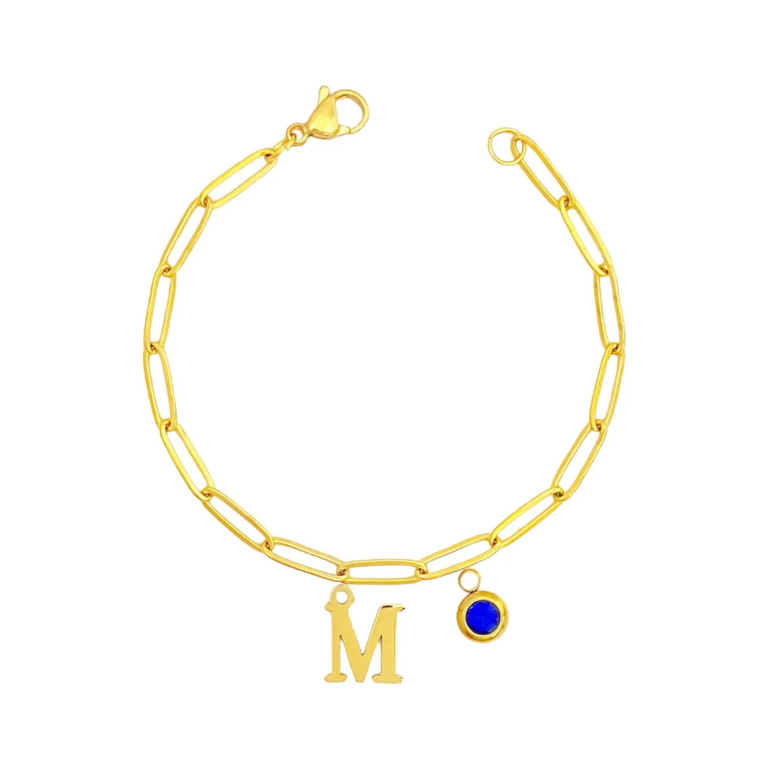 Alphabet Birthstone Paperclip Bracelet Gold (H-N)