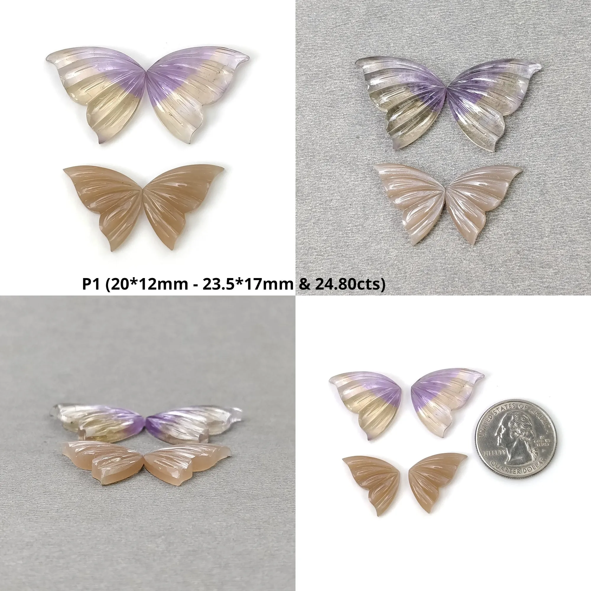 AMATRINE And PEACH MOONSTONE Gemstone Carving : Natural Untreated Unheated Moonstone Hand Carved Butterfly 2 Pairs