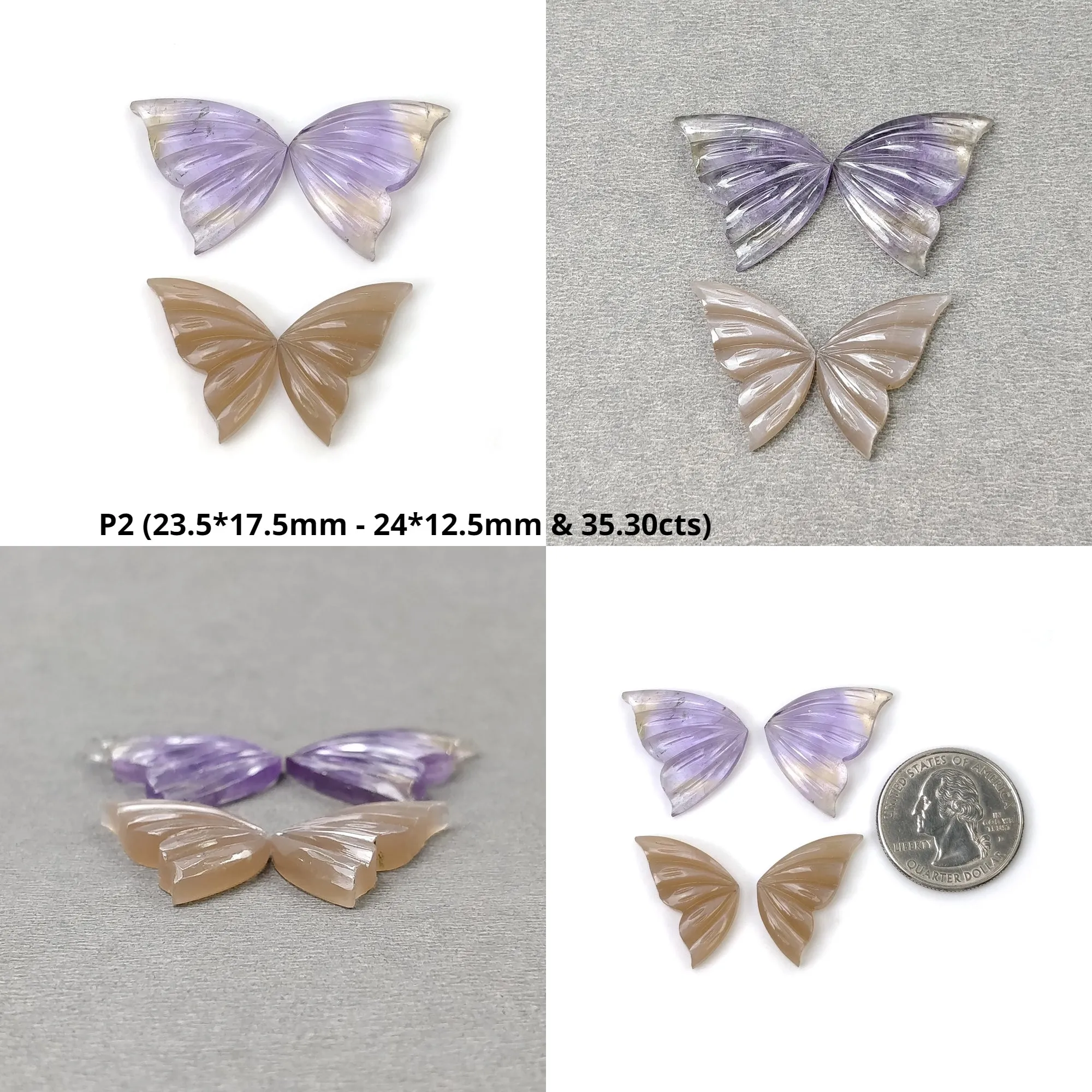 AMATRINE And PEACH MOONSTONE Gemstone Carving : Natural Untreated Unheated Moonstone Hand Carved Butterfly 2 Pairs