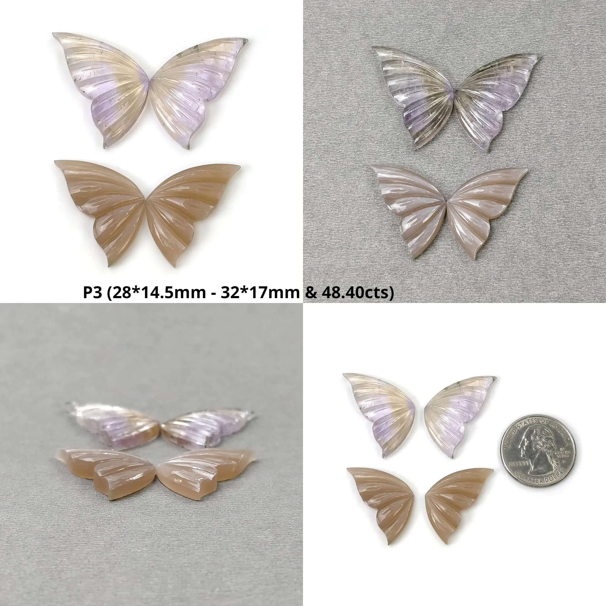 AMATRINE And PEACH MOONSTONE Gemstone Carving : Natural Untreated Unheated Moonstone Hand Carved Butterfly 2 Pairs