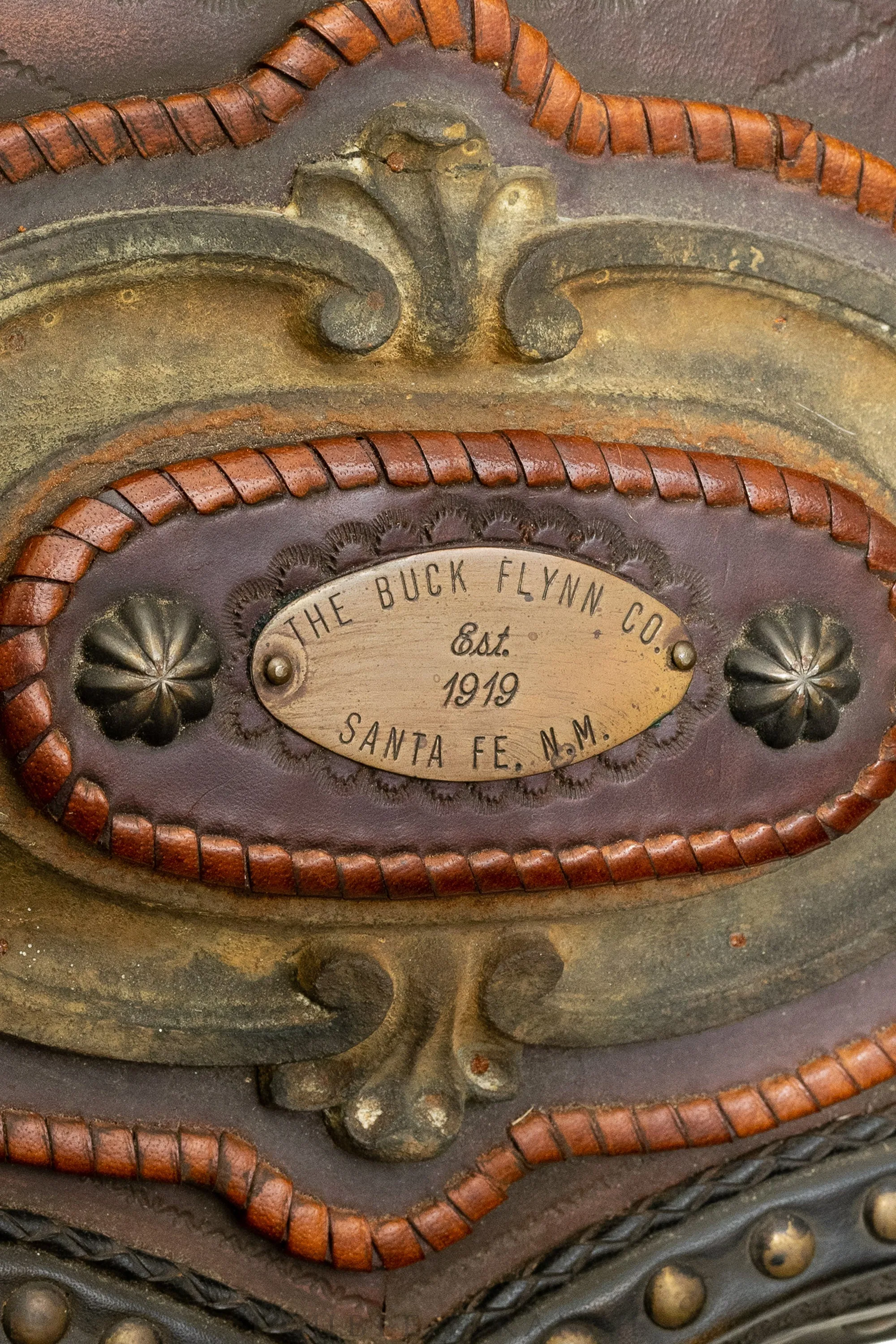 Art, Taxidermy, Saloon Mirror with Longhorns, Leather Tooling and Brass Nails, Buck Flynn Company of Santa Fe, Vintage ‘90s, 1066