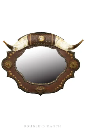 Art, Taxidermy, Saloon Mirror with Longhorns, Leather Tooling and Brass Nails, Buck Flynn Company of Santa Fe, Vintage ‘90s, 1066