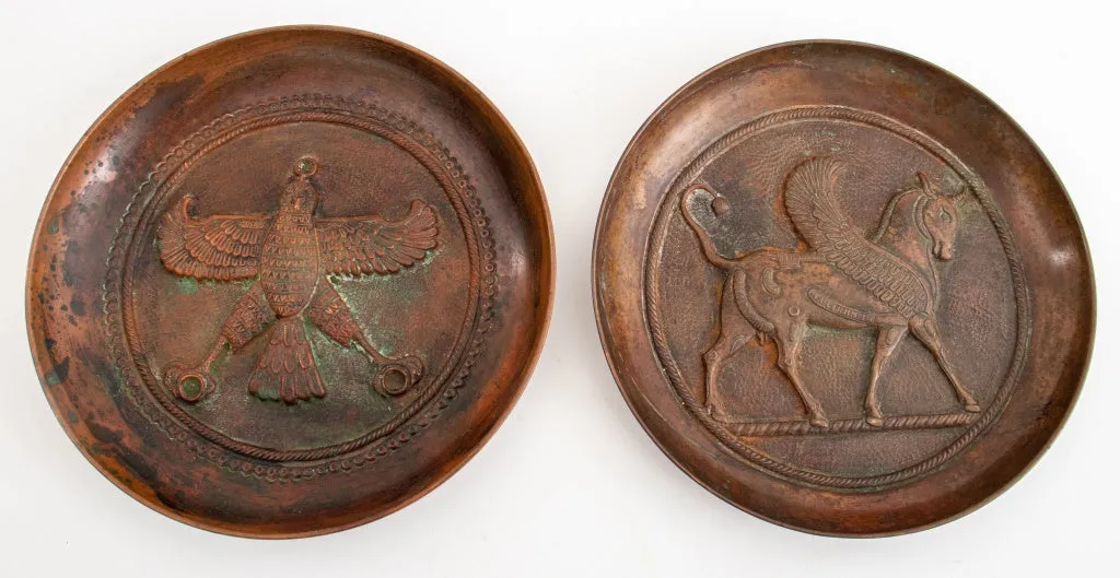 Assyrian Revival Hammered Copper Dishes, Pair