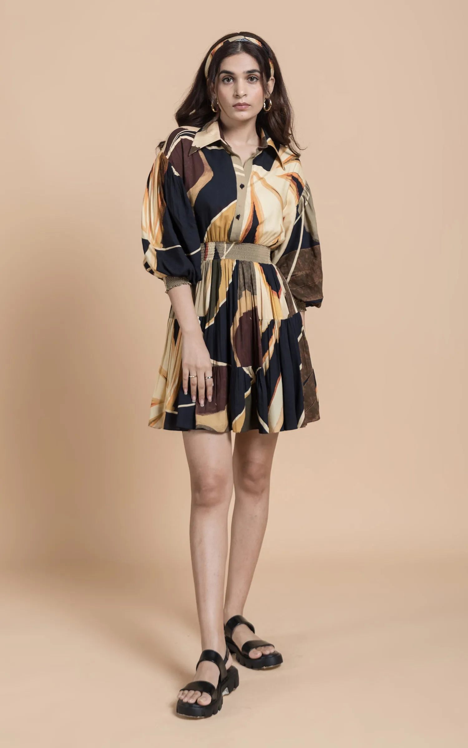 Black & Beige Abstract Printed Short Dress