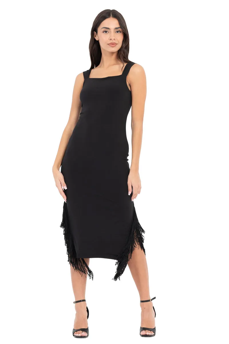 Black Fringed Midi Dress With Thick Straps