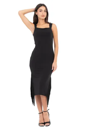 Black Fringed Midi Dress With Thick Straps