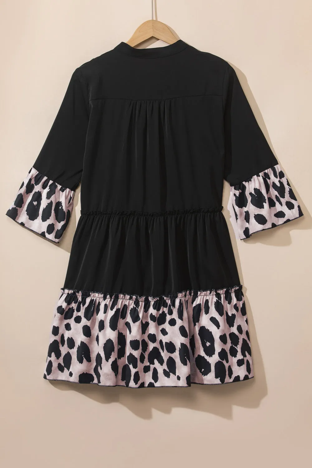 Black Leopard Trim V Neck Ruffled Sleeve Flared Dress