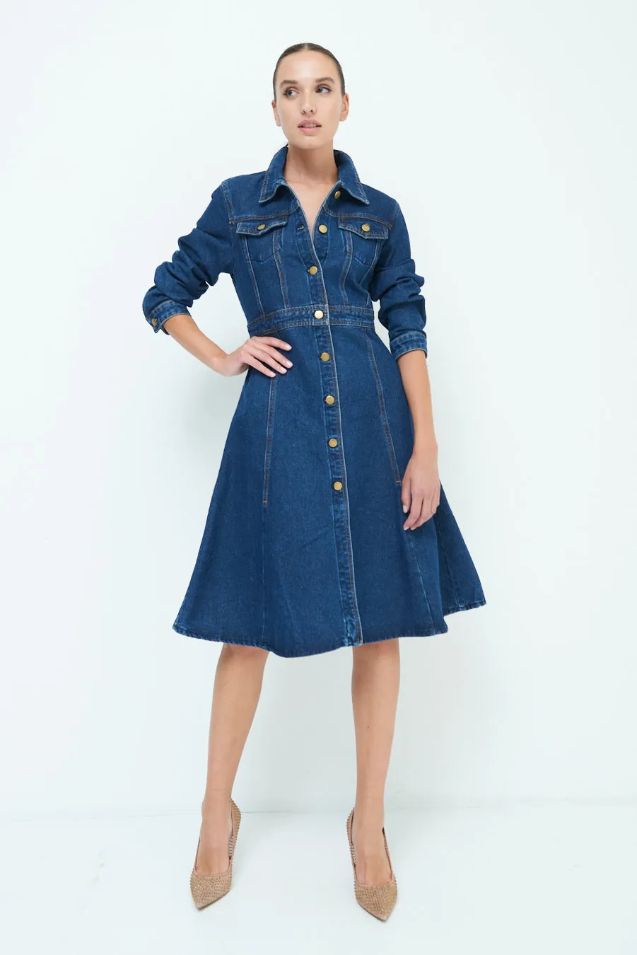 Button-down denim midi dress wholesale