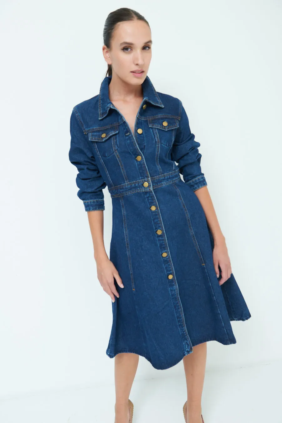 Button-down denim midi dress wholesale