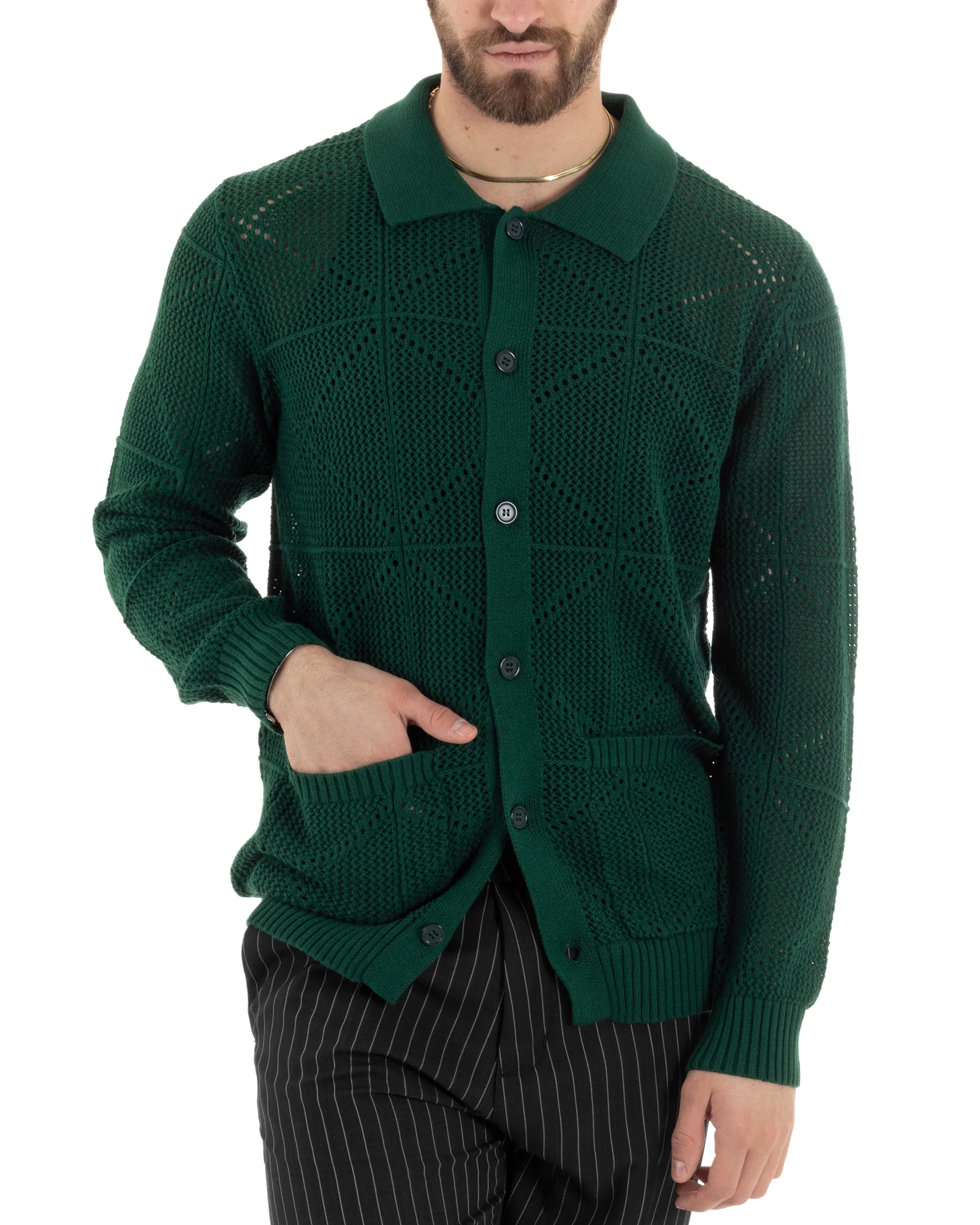 Cardigan Uomo Con Colletto Maglioncino Traforato Maglia Polo Bucata Giacca Con Bottoni Verde Casual GIOSAL-M2806A