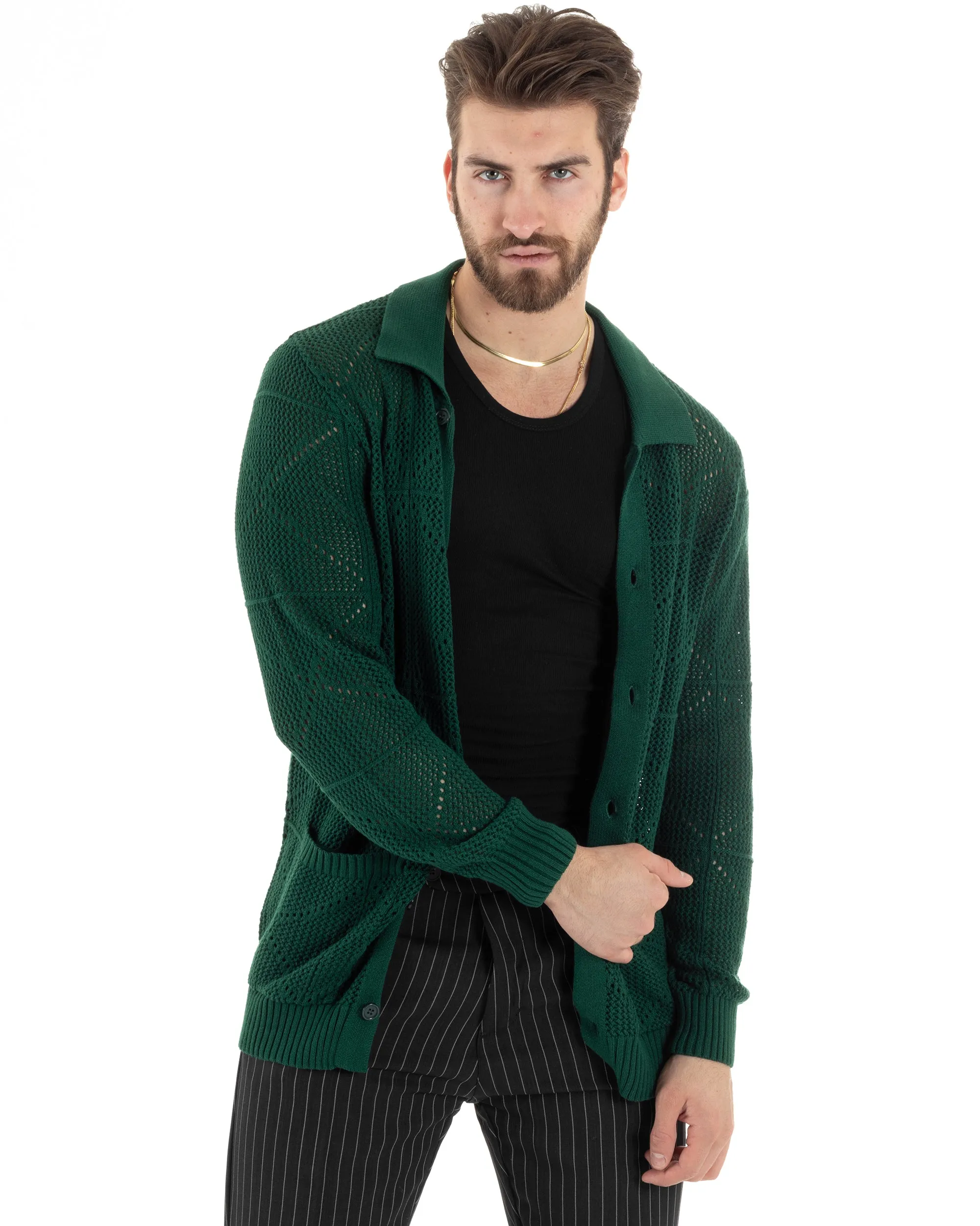 Cardigan Uomo Con Colletto Maglioncino Traforato Maglia Polo Bucata Giacca Con Bottoni Verde Casual GIOSAL-M2806A