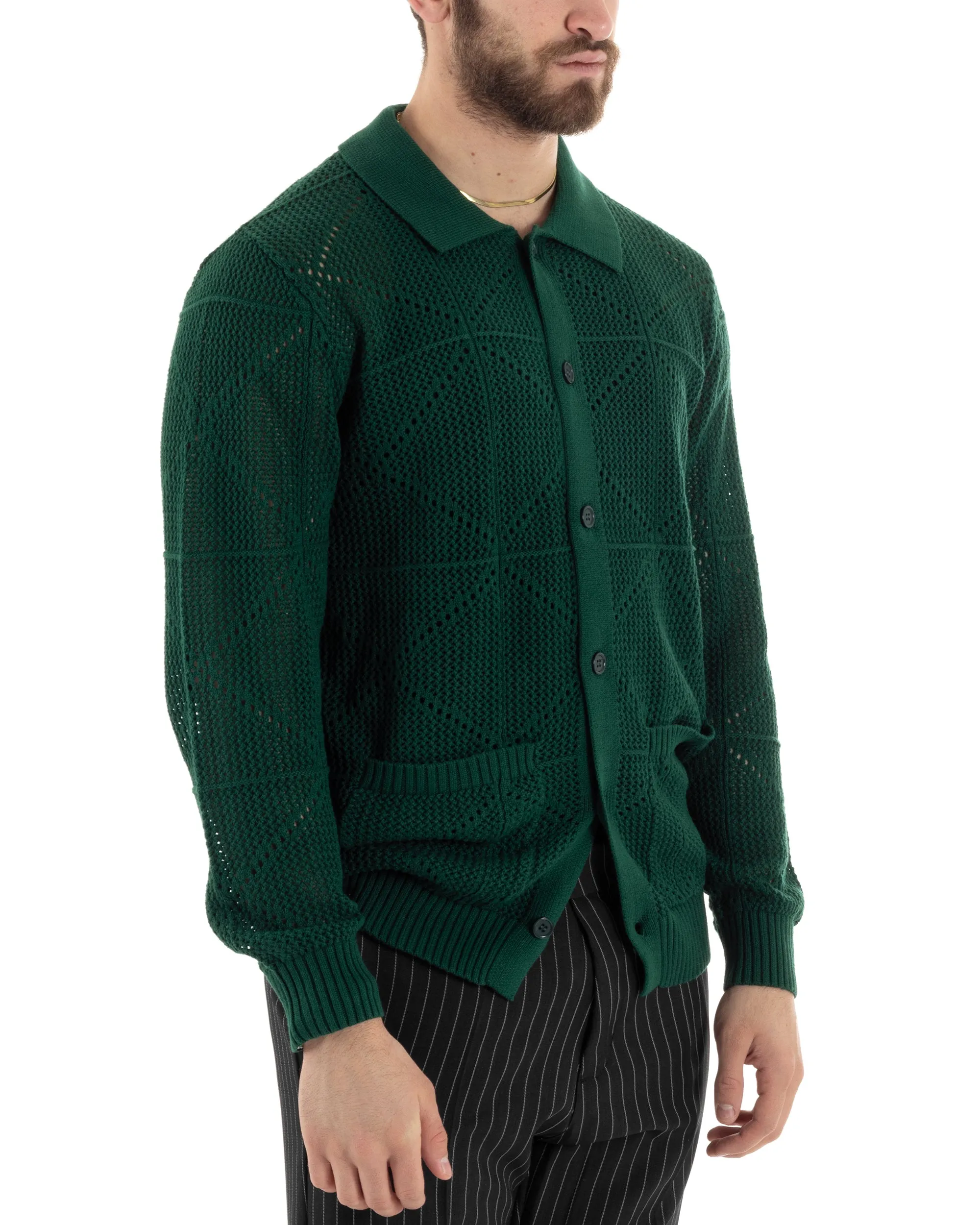 Cardigan Uomo Con Colletto Maglioncino Traforato Maglia Polo Bucata Giacca Con Bottoni Verde Casual GIOSAL-M2806A