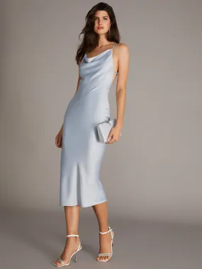 Cowl Neck Open Back Satin Midi Dress