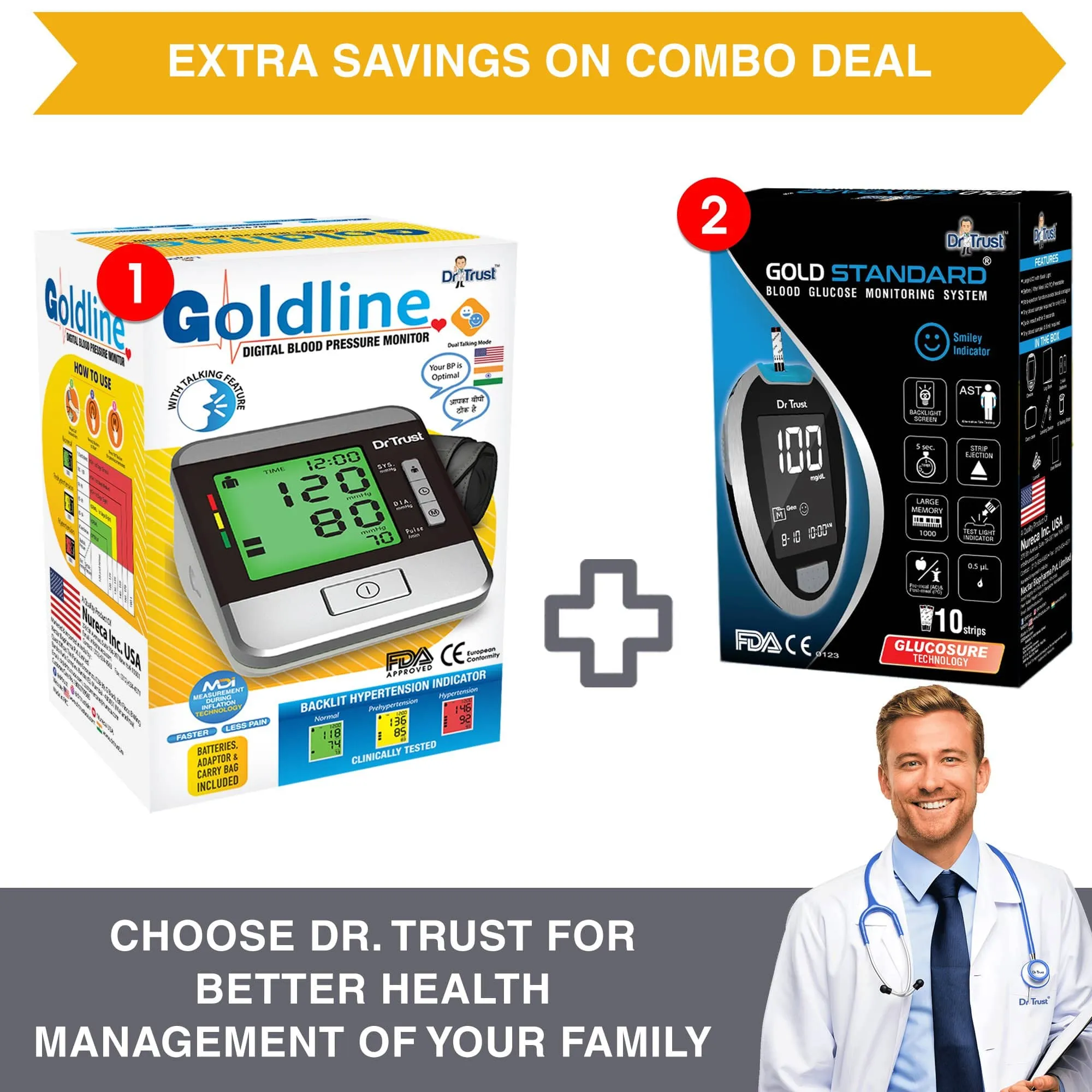 Dr Trust USA Goldline Digital BP Monitor 103   Glucometer Sugar Check Machine 9001 with 10 Strips