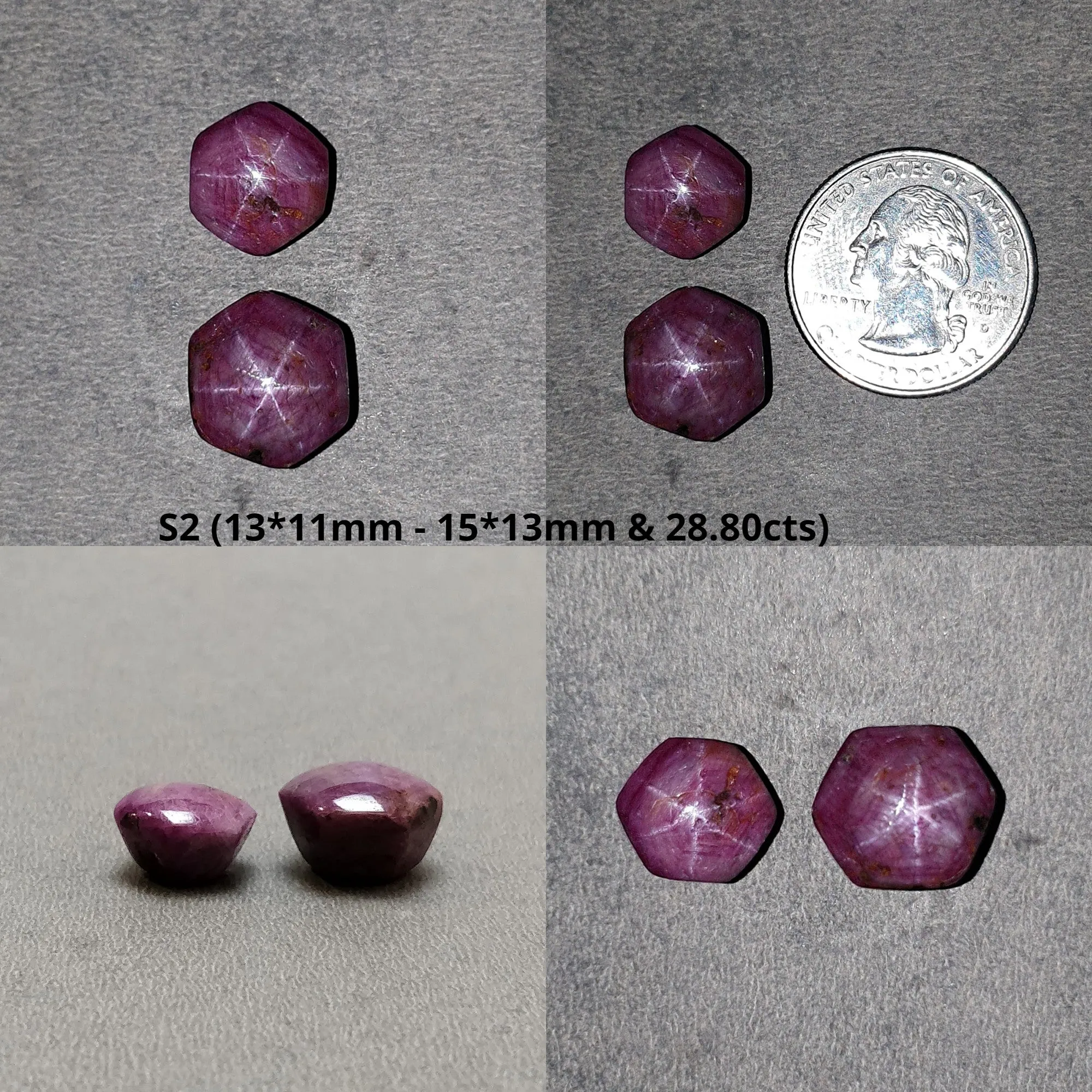 Johnson Star Ruby Gemstone Cabochon : 23cts - 44cts Natural Untreated Unheated Red 6Ray Star Ruby Oval Round Hexagon Shapes 2pcs