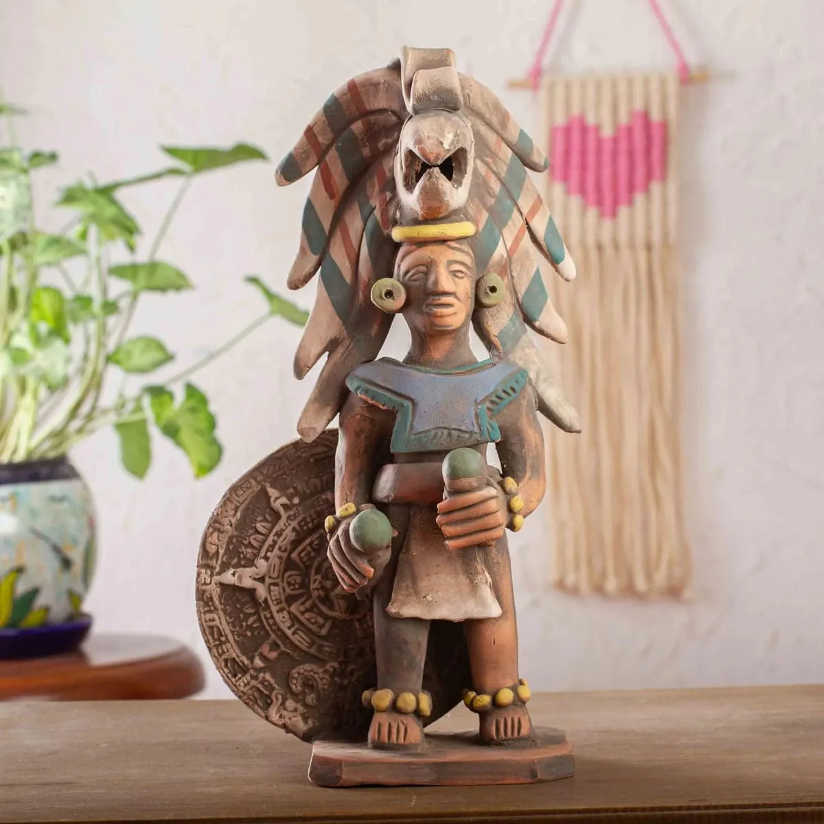 Novica Aztec Warrior With Rattles Ceramic Sculpture