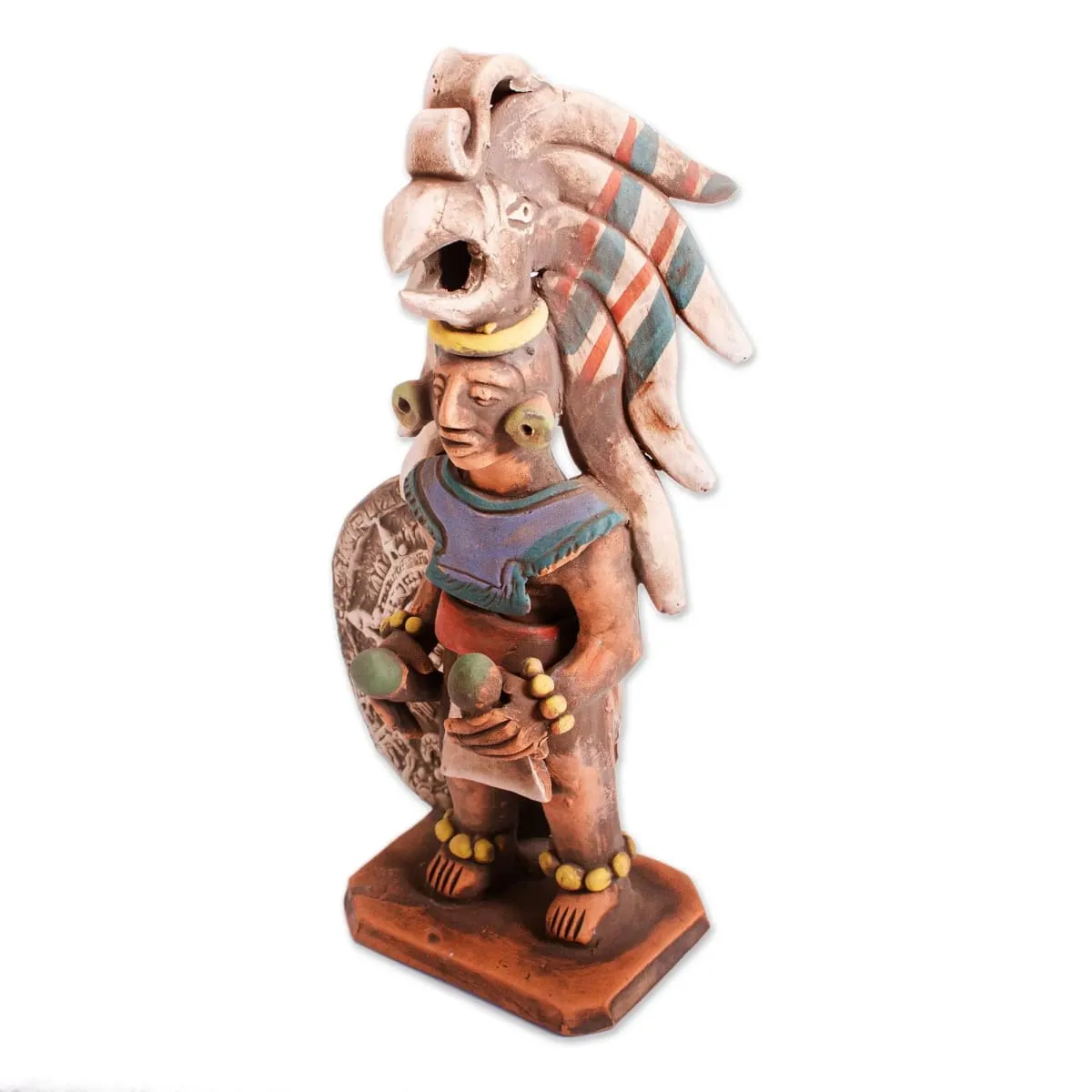 Novica Aztec Warrior With Rattles Ceramic Sculpture